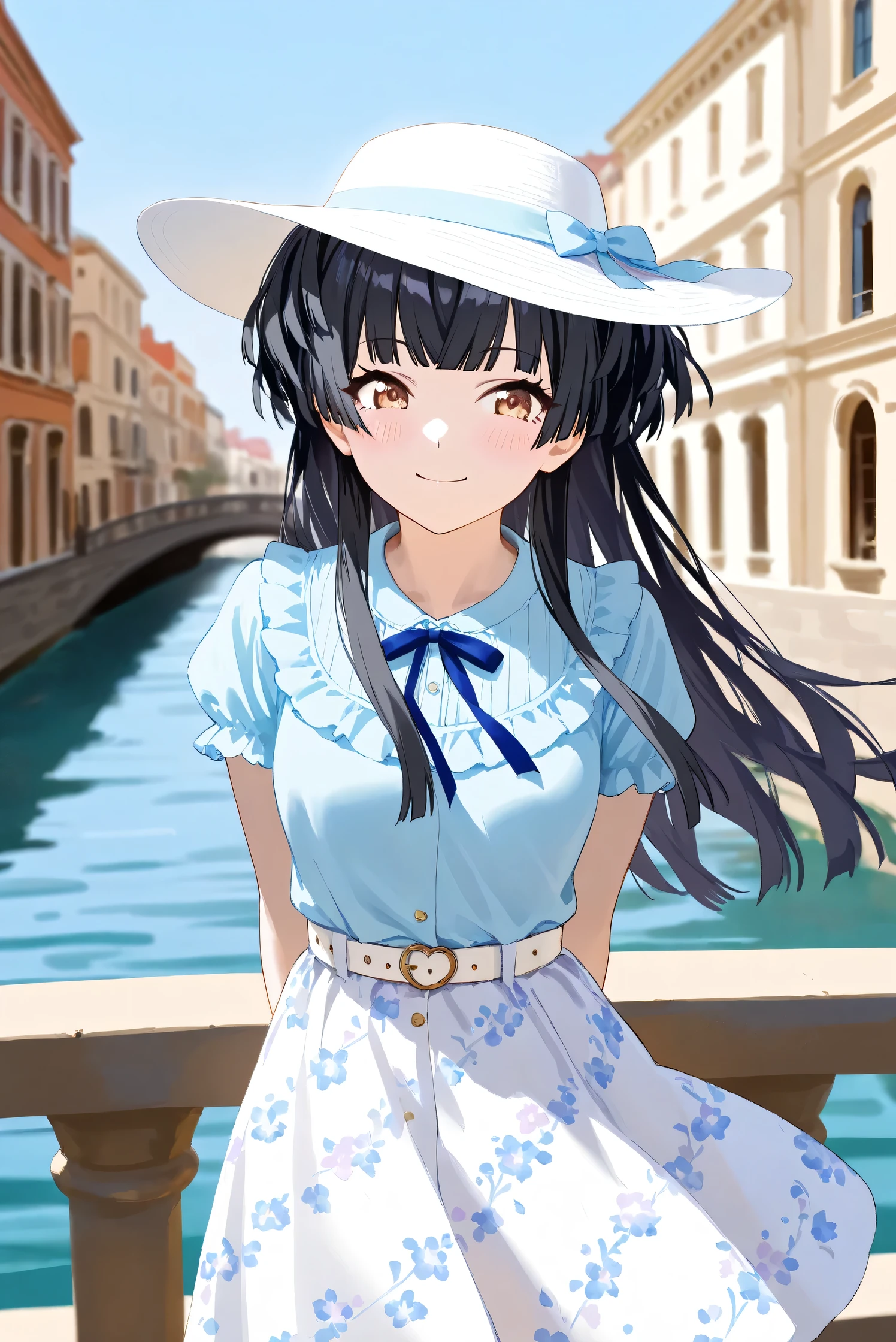 (Masterpiece), (Highest quality), (Very detailed),
(The best shape), (Best Shadow), (Absurd),
(Detailed background), (So beautiful), Shiny ,
Extraordinary, Countershading, 8k, 32K, High resolution, Beautiful eyes in every detail,
Very Detailed CG, UHD,
Score_9, Score_8_up, Score_7_up, Source_anime,
(Pastel painting:1.2), (Watercolor painting:1.2),
(Masterpiece, Detailed:1.2), (Foreshortening:1.2),
Cinematic, Dramatic, (Depth of field:1.4),
(Blurry background:1.4), (Realistic background:1.4),
(Foreshortening:1.3),Dynamic angle, 1 girl,
Venice, Venice Building, Outdoor, canal, Nature, Blue sky, On Bridge,
Mayuzumi Fuyuko,
The idolmaster shiny colors,
mayuzumi_fuyuko, 1girl, black hair, two side up, brown eyes, small breasts,
(Casual wear:1.3),
Light blue shirt, Short sleeves shirt, Frills
ribbon, Blue ribbon,
Skirt, White skirt, Floral print skirt, Belt, White belt,
Wide Brim Hat, (White hat:1.2), Blue ribbon,
Portrait, Focus on face,
(Blush:1.3), Happy, smile, arms behind back,
Realistic skin, Shiny skin,