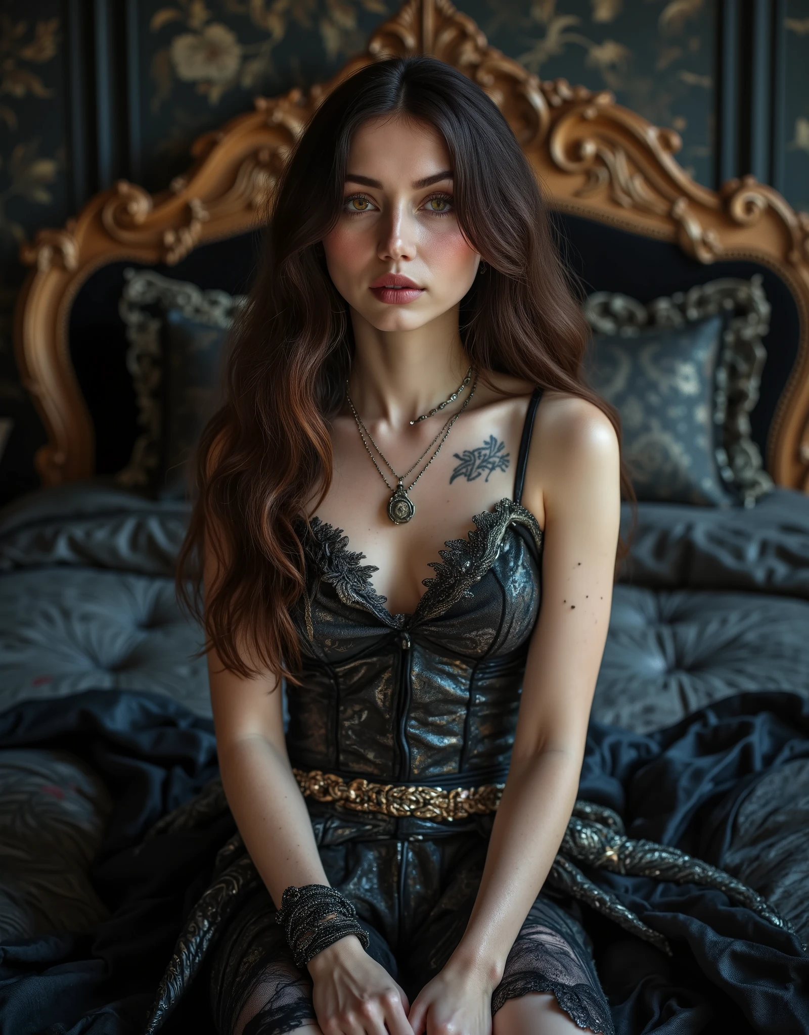 (Canon), (EOS R5), (85mm), ( No Lens Flare :1.5), (超high resolution), (masterpiece), (Anatomically accurate human structure), (realisticな質感の肌), Super Detail, High detail, winning work, Best Quality, 32K, depth of field, digital camera, professional writing in a crowded sideways cafe, ((Best Quality:1.5)), ((masterpiece:1.5)), ((realistic)), high resolution, (Deep cinematic depiction), ((dark fantasy atmosphere)), (Dark depiction ), (Has a gorgeous, long antique magic wand), ((full body shot with mahiru :1.5)), ((Upper body shot:1.2)), ((Semi-nude)), ((36-year-old Beautiful and Cute Cuban Actress with Top )), ((Ana de Armas)), brown black hair with waves , very sexy, Attractive, and seductive pose , Height: 168cm, Weight: 55kg, Muscular Slender Body, smaller bust, C cup, ((long hair with fluffy waves of chestnut hair:1.5)), (( beautiful castano-colored hair )), ((とてもほほ笑ましくAttractive笑顔で少し歯が見える :1.5)), ( well-shaped round butt ), (Pretty and Beautiful Magician)), ((The most beautiful and captivating female magician in the world)), (Slender slim style), ((Seats on a Luxurious, Antique Bed)), (standing beside the bed), smooth, (Straight castano-colored hair), (long, castano-colored hair), long bangs, (small, beautifully shaped bust), (C cup), (Tight, slender waist), (Extremely detailed and realistic skin :1.5), ((Extremely Detailed Realistic Hazel Eyes:1.5)), (Hazel Eyes), ((Extremely Sexy Beautiful Hazel Eyes :1.5)), (( catchlight in the eyes )), (( extremely detailed attractive and moisturized lips :1.5)), (( beautifully shaped big bust :1.5)), ((extremely detailed, attractive, and moisturized lips:1.5)), (( white teeth beautifully arranged )), ((antique and luxurious long coat style witch costume with elaborate silver patterns on black fabric:1.8)), (the front of the witch costume is open so you can see cleavage), (Off-the-shoulder showing shoulders), ((that can be removed and almost completely naked)), (gorgeous thick May wear red lace bras and panties), ((lots of antique magical necklaces:1.8)), ((lots of antique bracelets:1.5)), (large, antique earrings), ((antique pocket watch:1.8)), ((Sitting on a luxurious, antique bed:1.5)), Luxurious Black Stockings with Intricate Patterns, ((Magical Tattoos Cover Your Body:1.5)), (Sexiest Angle ), (Large bedroom in an old luxury hotel), (Very antique bed and chair and furniture), Very Seductive and Sexy Expression, Very Seductive and Sexy Poses, (may show a beautiful and realistic bust), (beautiful nipples and large areolas can be seen), (Can See Realistic Female Genitals), (Large castano-colored pubic hair may be visible), (( show your hands as little as possible )), accurate hand shape,Accurate hand finger shape ,Accurate finger count,5 fingers on one hand , Accurate leg shape,Accurate toe shape, accurate toe count, Five fingers on one foot, ( color temperature 5500K ),