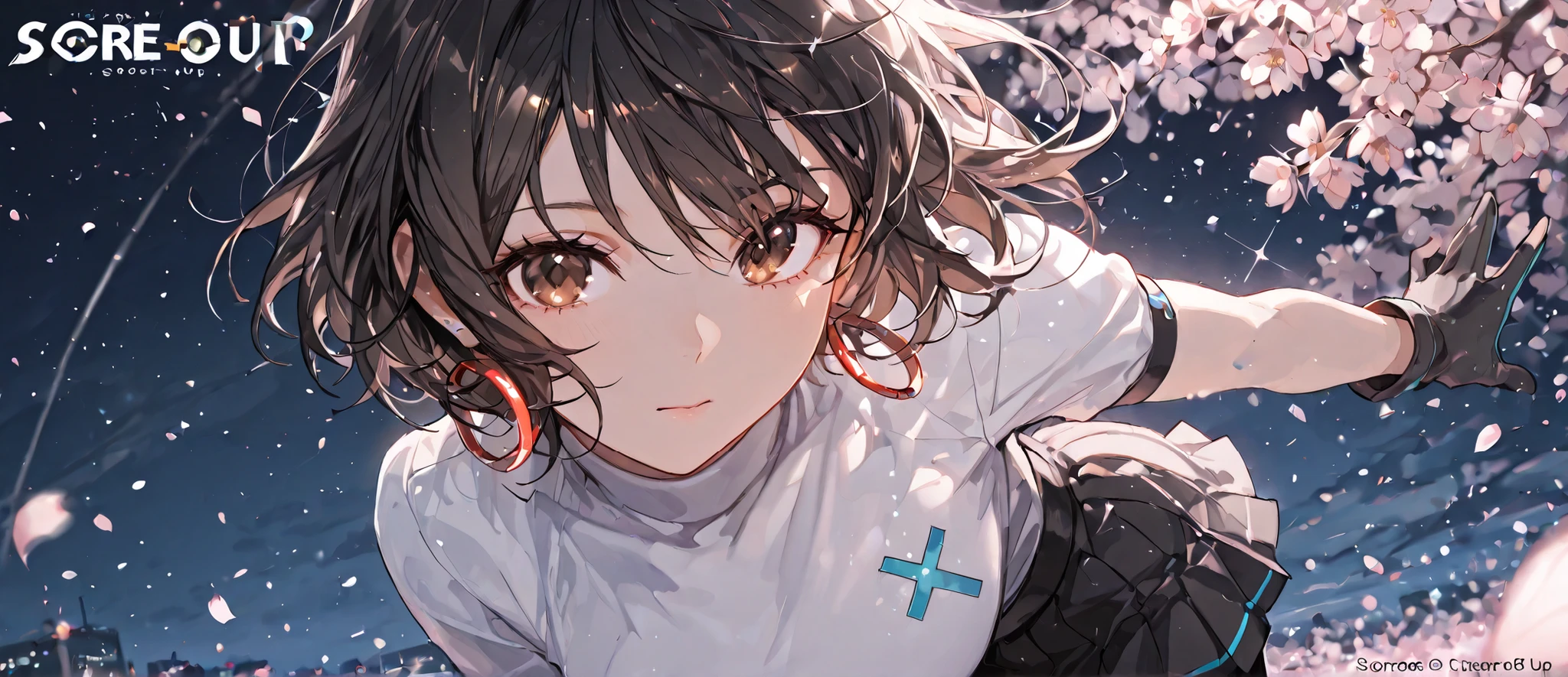 Highly detailed, high-quality illustration (score_9, score_8_up, score_7_up, score_6_up, score_5_up, score_4_up, 4k, 8k), 1girl, solo, EvieSyn, short hair, hoop earrings, brown eyes, white turtleneck, black skirt, gloves, asymmetrical sleeves, long sleeve, short sleeve, pantyhose, night, breasts, cherry blossoms, bangs, sparkle, glowing, eyelashes, face focus, head shot, hface close up, 