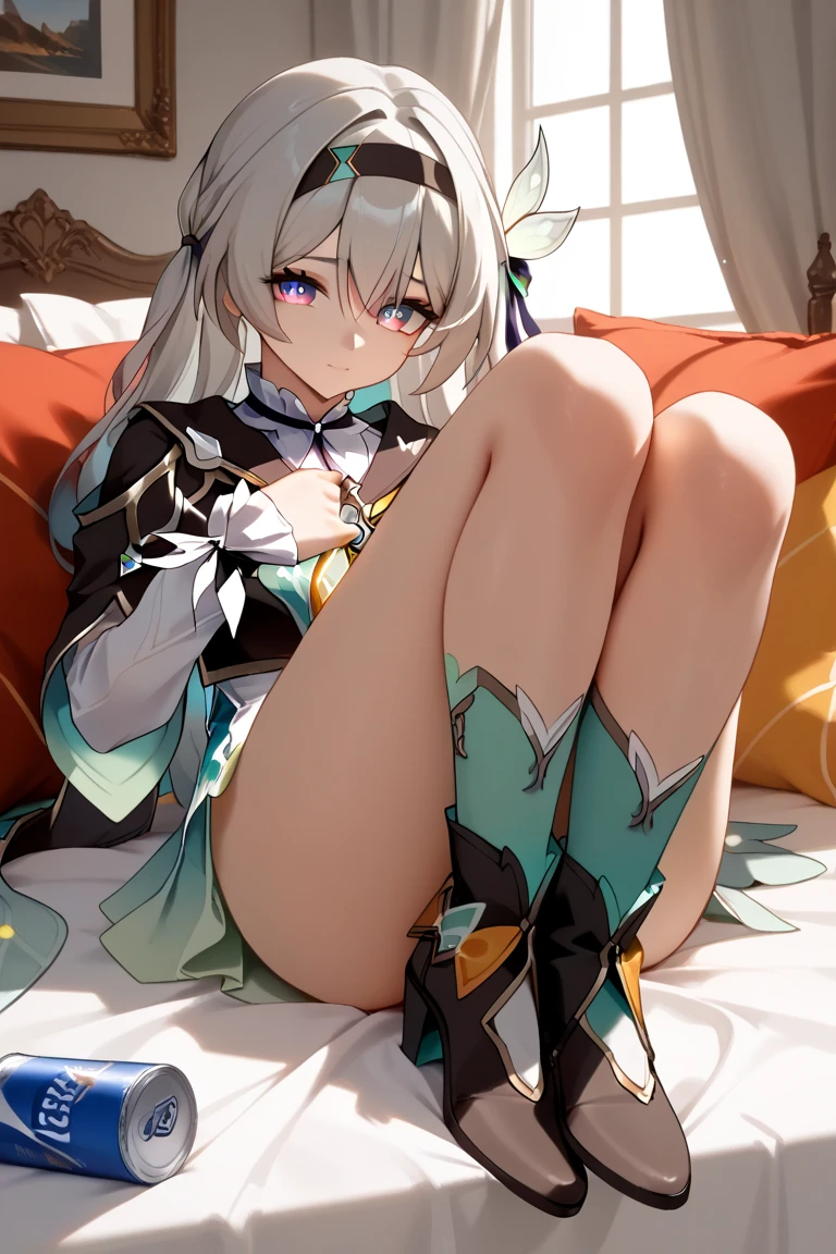 score_9, score_8_up, score_7_up, 1girl, sitting, looking at viewer, soles, pantyhose, foot focus, foreshortening, cunnilingus gesture, naughty face, grey hair, blunt bangs, green eyes, medium breasts, green blouse, day, Alpina \(flower\) background, <lora:atdan_PonyXL_style_v01:1>