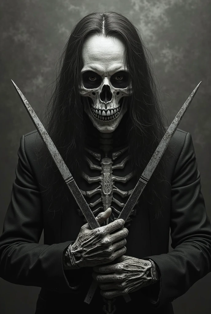 Skull with white hair wearing a black shirt with a Maltese cross on the chest holding a beer and a blood-stained baseball bat raised high 