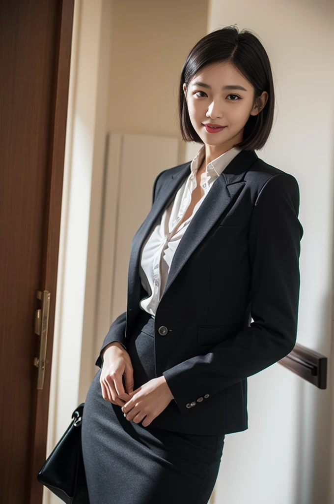 ((top-quality, masterpiece, realistic)), 1girl in, Facing the front, light brown hair, short bob hair, in 8K, 85 mm, Raw photo, Bokeh background, smile, black business suit, random place, random scene, random pose
