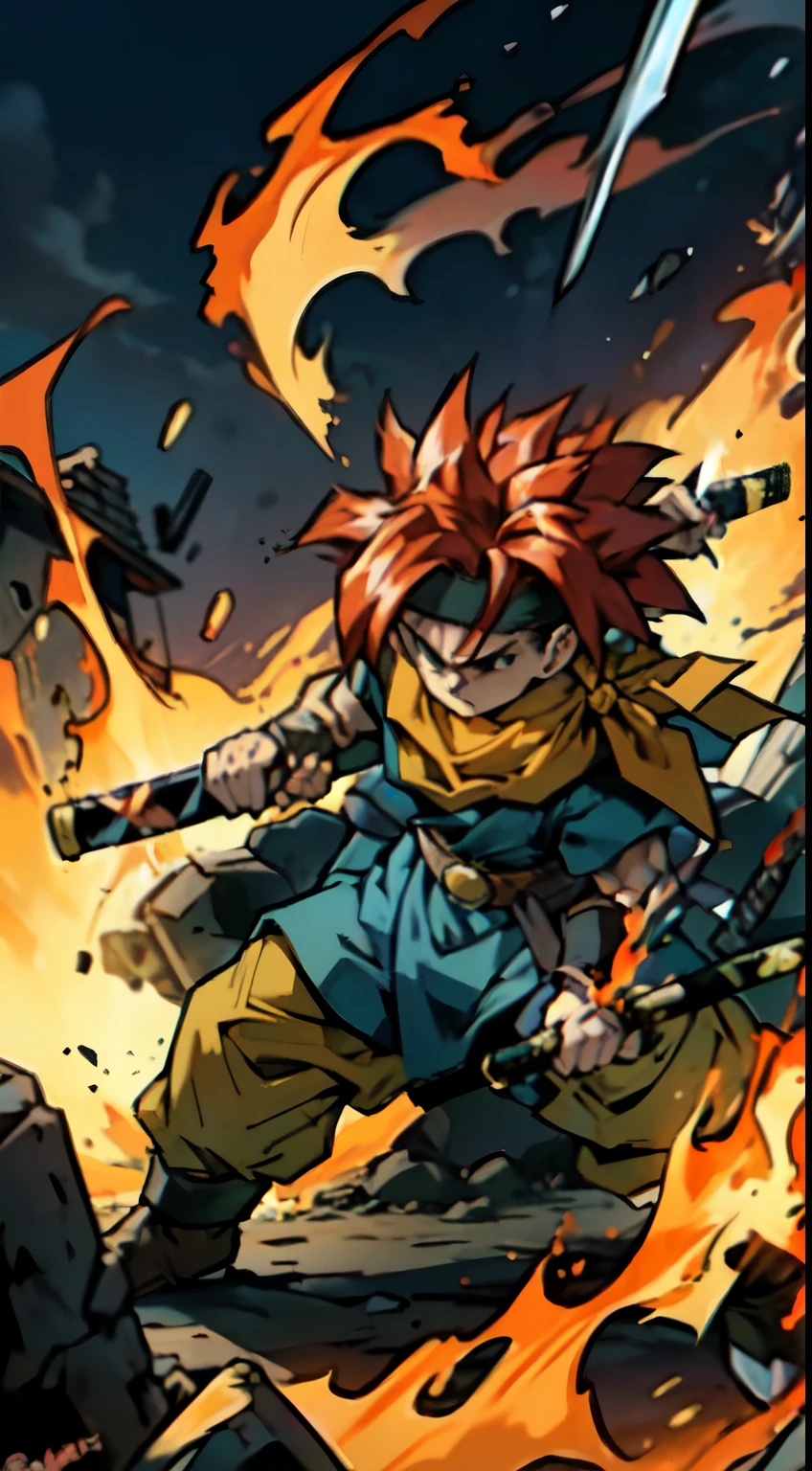 (masterpiece, cartoon, solo, 1boy, Crono_CT blue tunic, white headband, orange neckerchief, red hair, spiked hair, holding sword, (fighting stance:1.3), action scene, dynamic pose, fire sword, serious look)