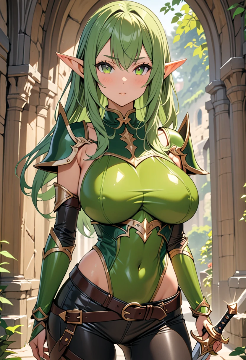 NSFW armor with a greenish-silver glow and gold accents reminiscent of nature, black hair, in gentle waves over your shoulders. Your carved face, with delicate features and a defined jawline and expressive green eyes, smiling and happy