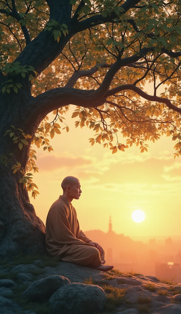 A bald Asian young man wearing a torn and dirty blanket sits with his back to a large tree in the forest on the edge of a cliff, facing east and the morning sun.