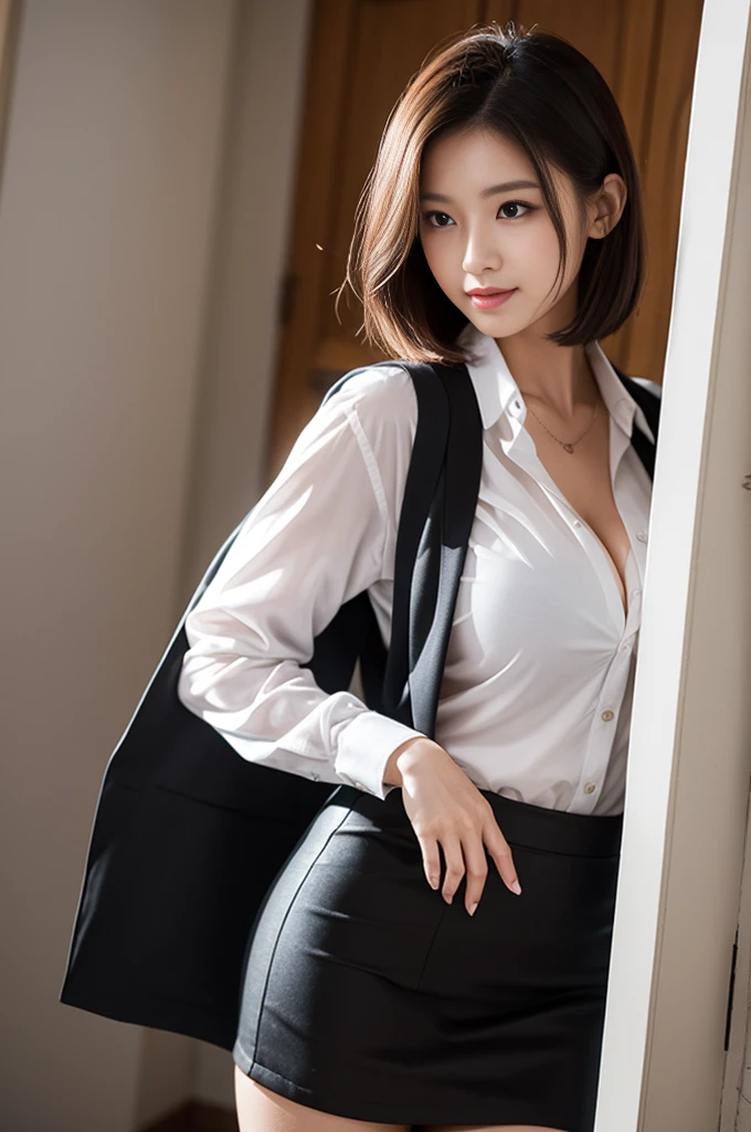 Unbuttoned collared shirt、The bra is visible、(NSFW:1.2)