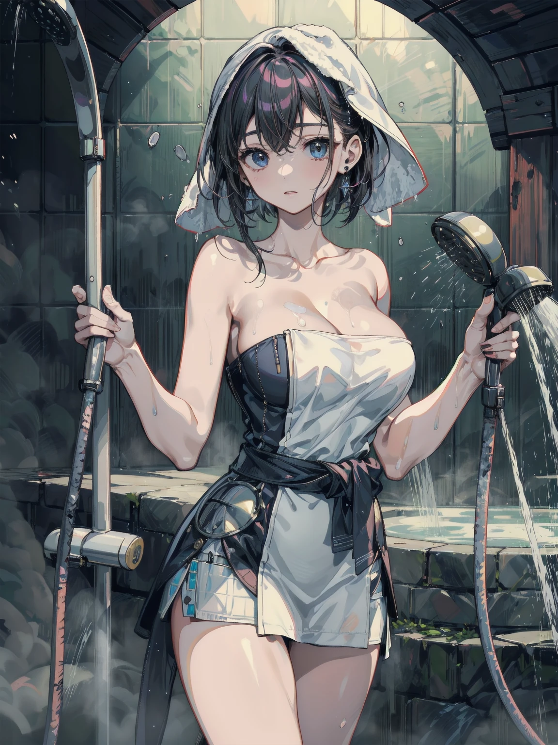 Highest quality、High resolution、8k、Realistic images、Digital Art、RAW Photos、Capturing the essence of delicate portraits、One Japanese woman、Ecstasy face、Glasses、Silver short hair、(Big Breasts:1.6)、Black maid outfit、Short skirt、Black tights、Knee-high、Emphasized buttocks、(Angle from behind:1.2)、Strong winds、(Wet:1.7)