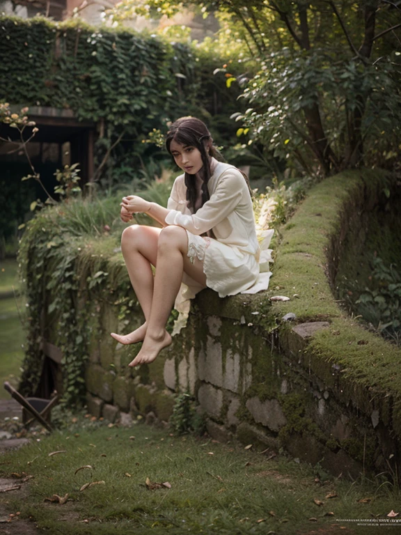 girl with short wavy black hair sitting on a swing on a forest with flower all around, facing backwards