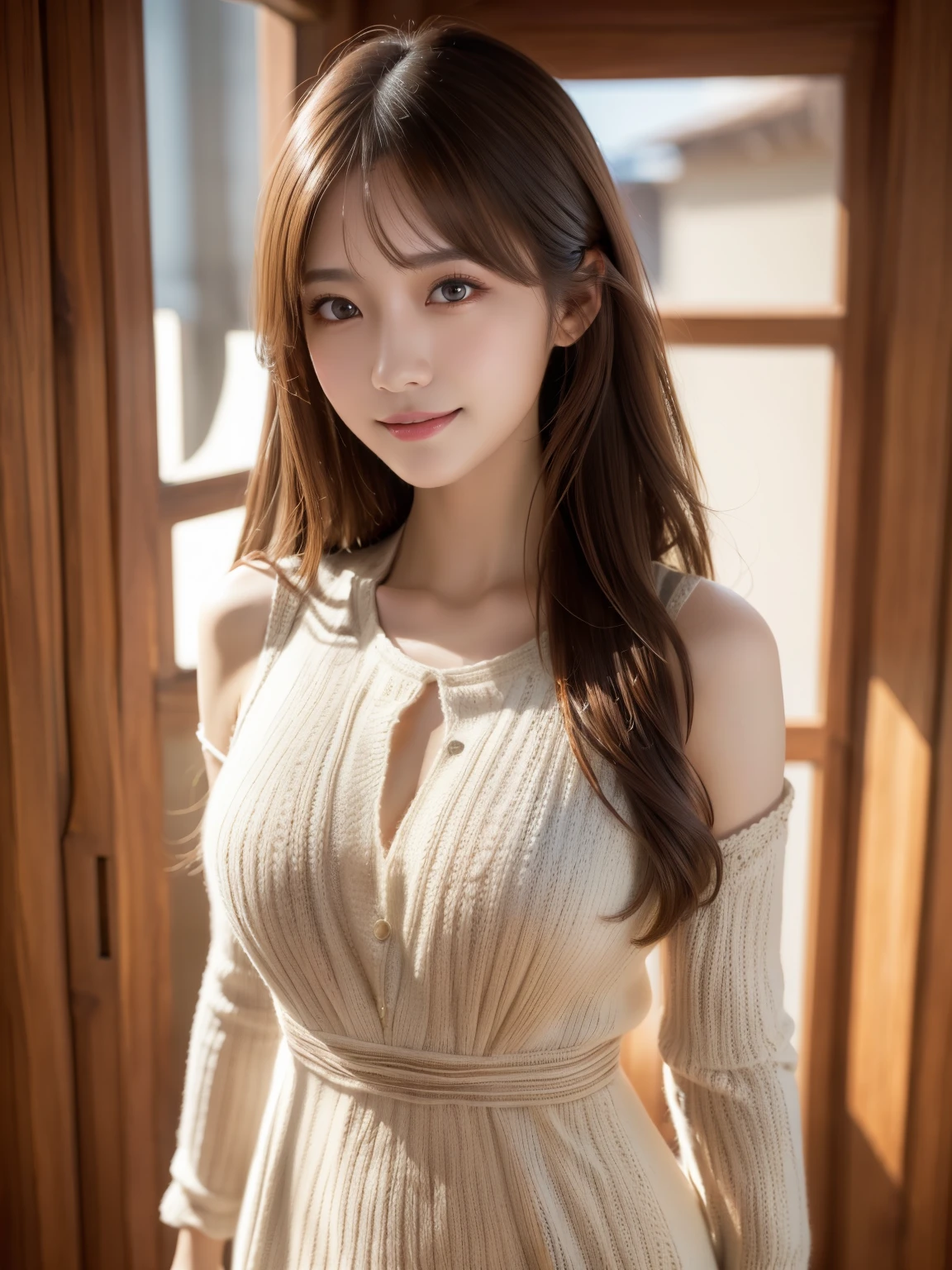 (masterpiece, highest quality, Super detailed, Best Shadow:1.2), High resolution, ((Cinematic Light)), Hyper Detail, Dramatic Light, Intricate details, Dynamic Angle, (Highly detailed CG Unity 8k wallpaper:1.2), Shyness,
((masterpiece)), (Super detailed), (Highly detailed Unity 8k wallpaper), (Realistic Skin), (Realistic photos, Realistic, Photorealistic), (Beautiful Japanese Women), Narrow Face, (Knit dress:1.4), Beautiful Hair,Brown Hair, Medium Hair,Beautiful Face, Delicate and beautiful eyes, smile,Beautiful feet, See through,