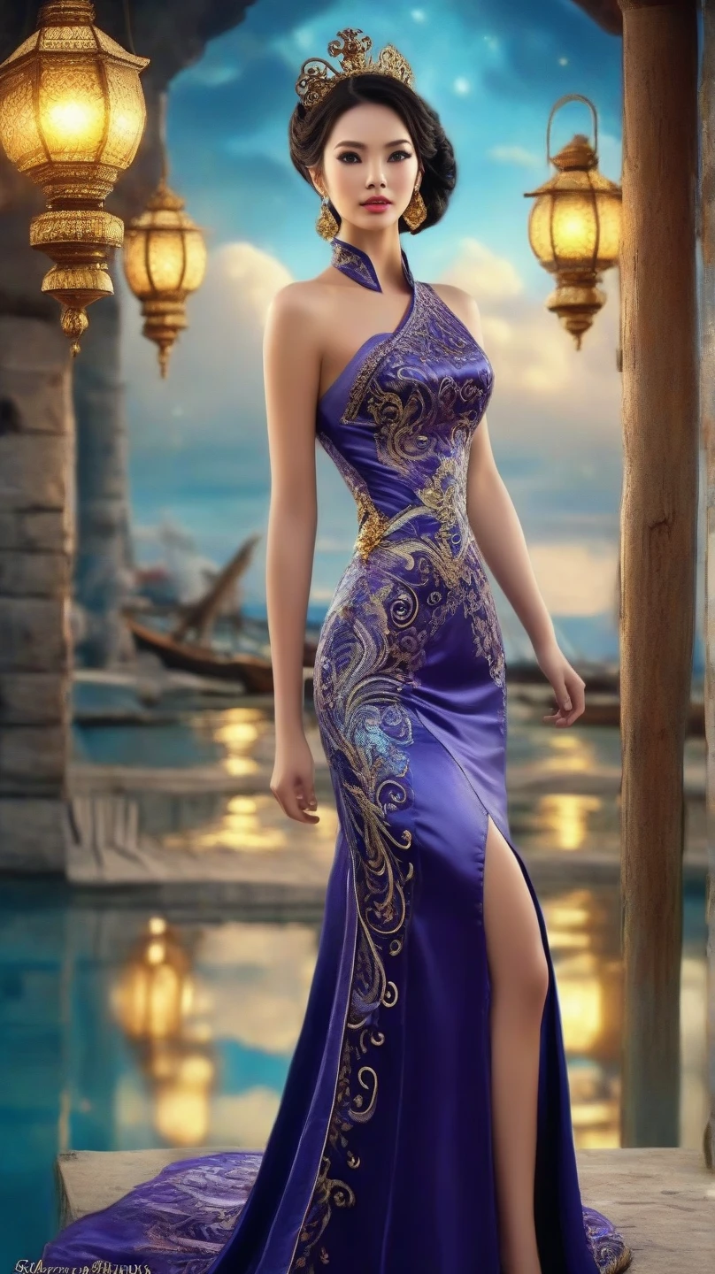 best quality, Very detailed, Extremely detailed, illustration, masterpiece,Extremely detailed eyes and face, incredible_Ridiculous resolution, (Blonde Hair) , 1 Girl, Dressed in a luxurious blue gown meticulously crafted,Uncover intricate details, Exquisite tailoring, and gorgeous fabrics, Slim waist, A faint smile, whole body, For the audience, Dynamic poses, Green tree background