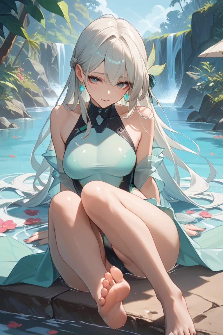 shenhe_\(genshin_impact\), hiten kei style, claude monet, oil painting, masterpiece, hyper realistic, realistic skin, best quality, 1girl, lakeside, huge breasts, huge nipples, erect nipples, looking at another, topless, full body, vector illustration, nipples, light smile, blunt bangs, long hair, stomach, navel, bare shoulders, white hair, braided, wet, soaked, raining, sarong, loincloth, black pantyhose, red tassel, magnolia leaves, autumn, sky, hands up, arched back, stretching, open mouth, bored, waterfalls, cliffs, falling leaves, resting, holding a wooden pail, wet body, pouring rain, washing her body, taking bath, arched back, floating orbs, enchanted light, glowing flowers
