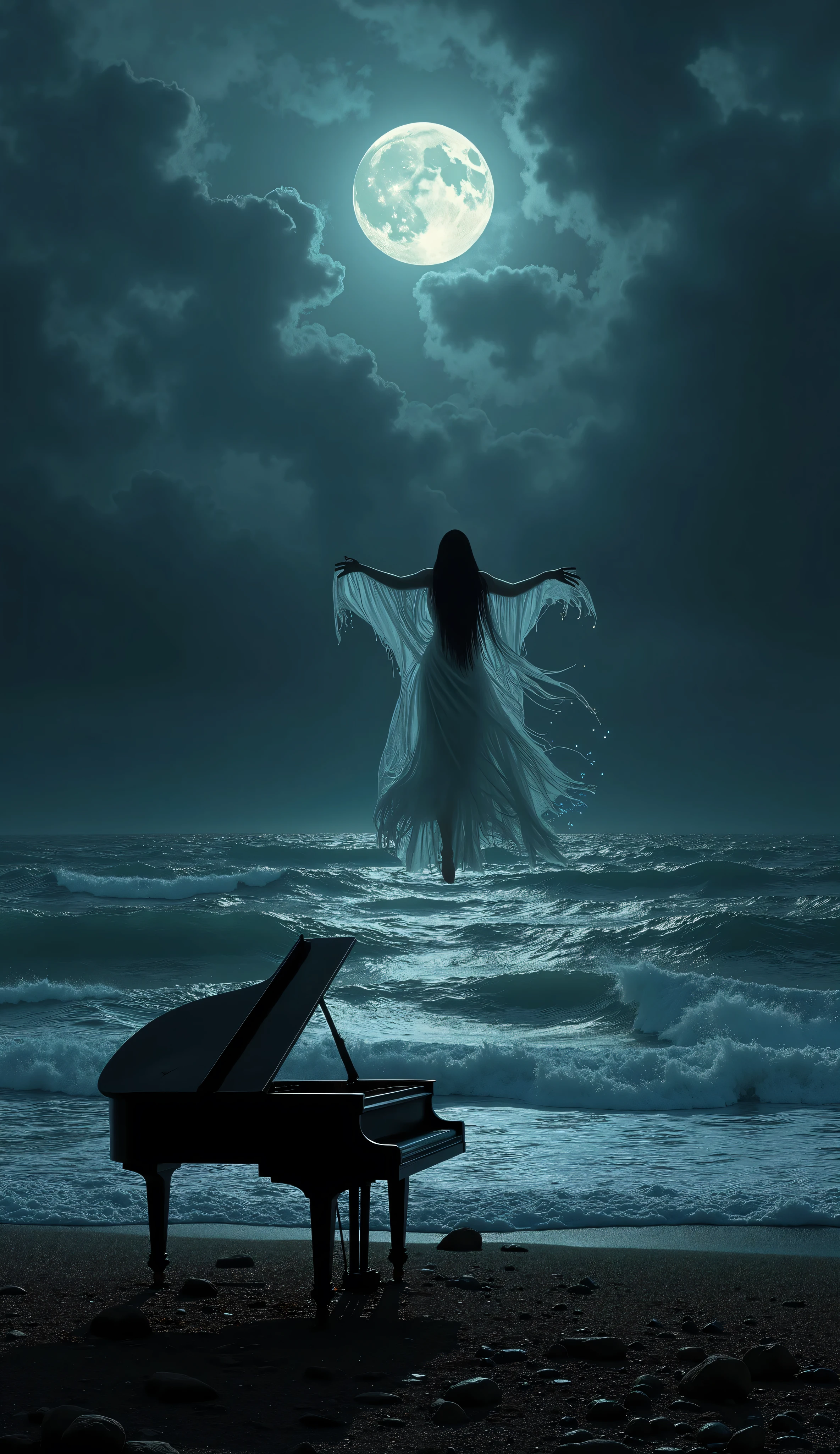 An hyper-realistic dark fantasy night scene viewed from the shoreline, depicting a vast, stormy sea with rolling waves under a pitch-black and deep midnight blue sky. Heavy, fragmented clouds obscure most of the stars, allowing only faint glimmers of silver light to pierce through. The darkness is profound, consuming the horizon, with only the subtle reflection of the moon casting ghostly highlights on the restless water. In the foreground, a weathered grand piano stands alone on the rocky shore, its wood aged and cracked, as if abandoned for centuries. The lid is partially open, revealing dust-covered strings that seem to resonate with an unheard melody. Out in the open sea, suspended above the turbulent waters, a ghostly woman with long, flowing black hair performs slow, hypnotic pirouettes in midair. Her ethereal, semi-transparent white gown moves with an unnatural fluidity, as if caught in an unseen current, trailing luminescent particles that dissolve as they descend. The entire scene is enveloped in a chiaroscuro composition reminiscent of Caravaggio, Rembrandt, and Greg Rutkowski, emphasizing stark contrasts and deep shadows. Ultra-detailed, rich in cinematic atmosphere, with a haunting beauty that evokes longing and sorrow. No artificial brightness—only the cold glow of the moon and the spectral radiance of the ghost herself illuminate the scene.