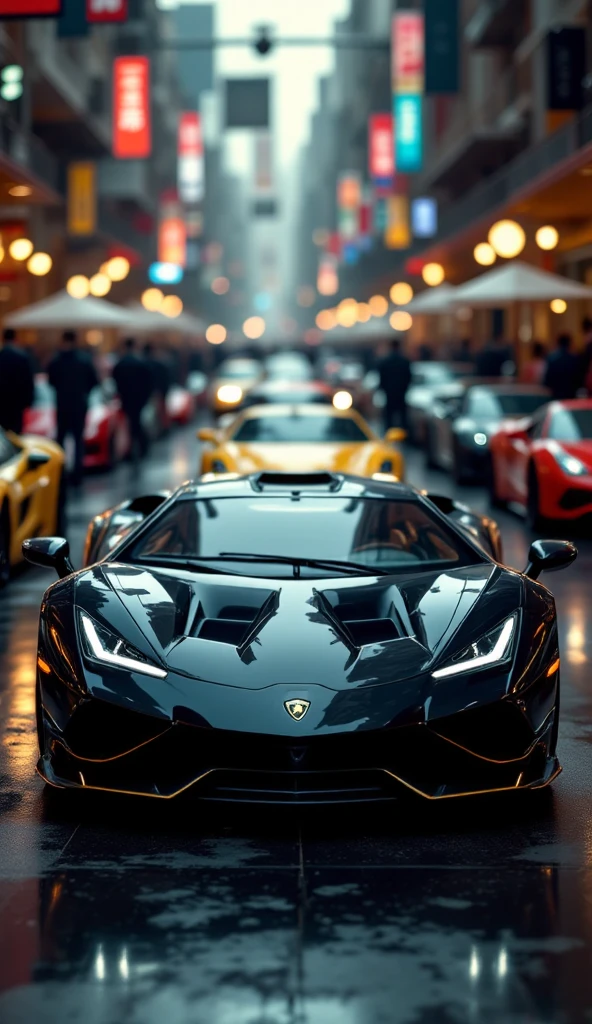 ((realistic, best quality, highest resolution, 8k)), BLACK LAMBORGHINI SUPERCAR, The most popular car in racing events, The brightest car among many, Overwhelming atmosphere , Lamborghini is racing