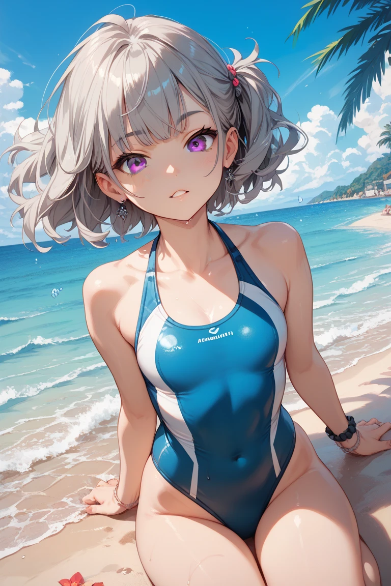 (((best quality)), ((masterpiece)), (details), masterpiece, best quality, high quality, ulutra detailed, perfect face, ((1girl, Blue eyes, cat ears: 1.3 silver bob hair: 2.5,)) 、Shiny Hair、Glowing Skin、blush、Lustful look、Side Angle、Ocean岸、Ocean、evening、Sitting on the shore、Put your face on your knees、View here、One-piece swimsuit with frills、barefoot、smile