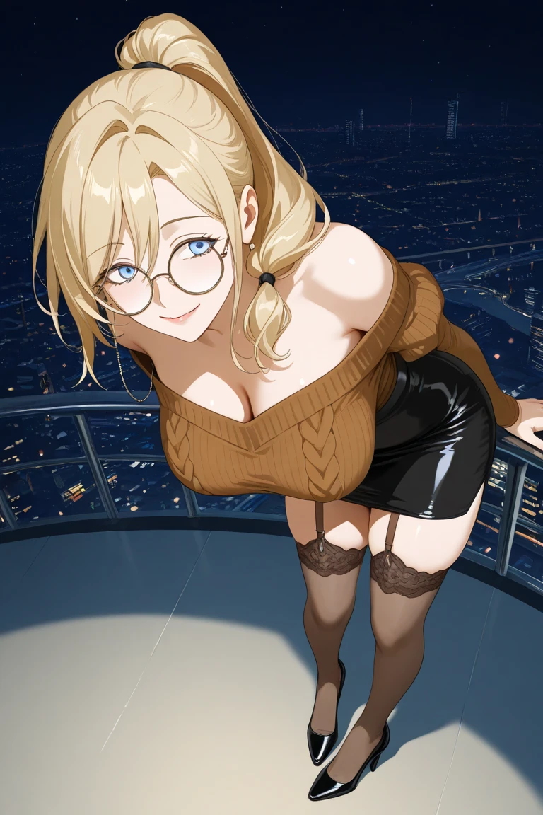 High resolution, 2D anime style,,blue eyes beautiful eyes,high and beautiful nose,thin face,blonde boyish short hair,Cool adult woman,Chest is slightly larger,she looks very happy,biting one's lips, she was very angry, she wears glasses,she narrows her eyes,Fashion that shows cleavage,I'm studying by the window with earphones in my ears.,London cityscape at night