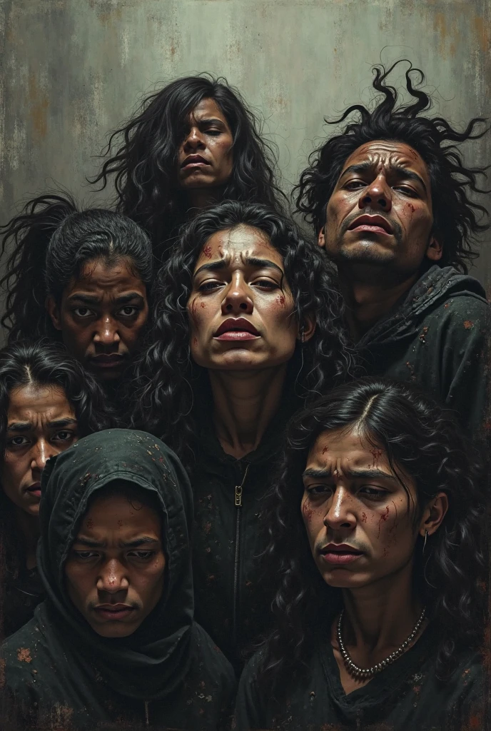 black ink art shkrsblmbrk a group of refugees, man woman and children, human displacement