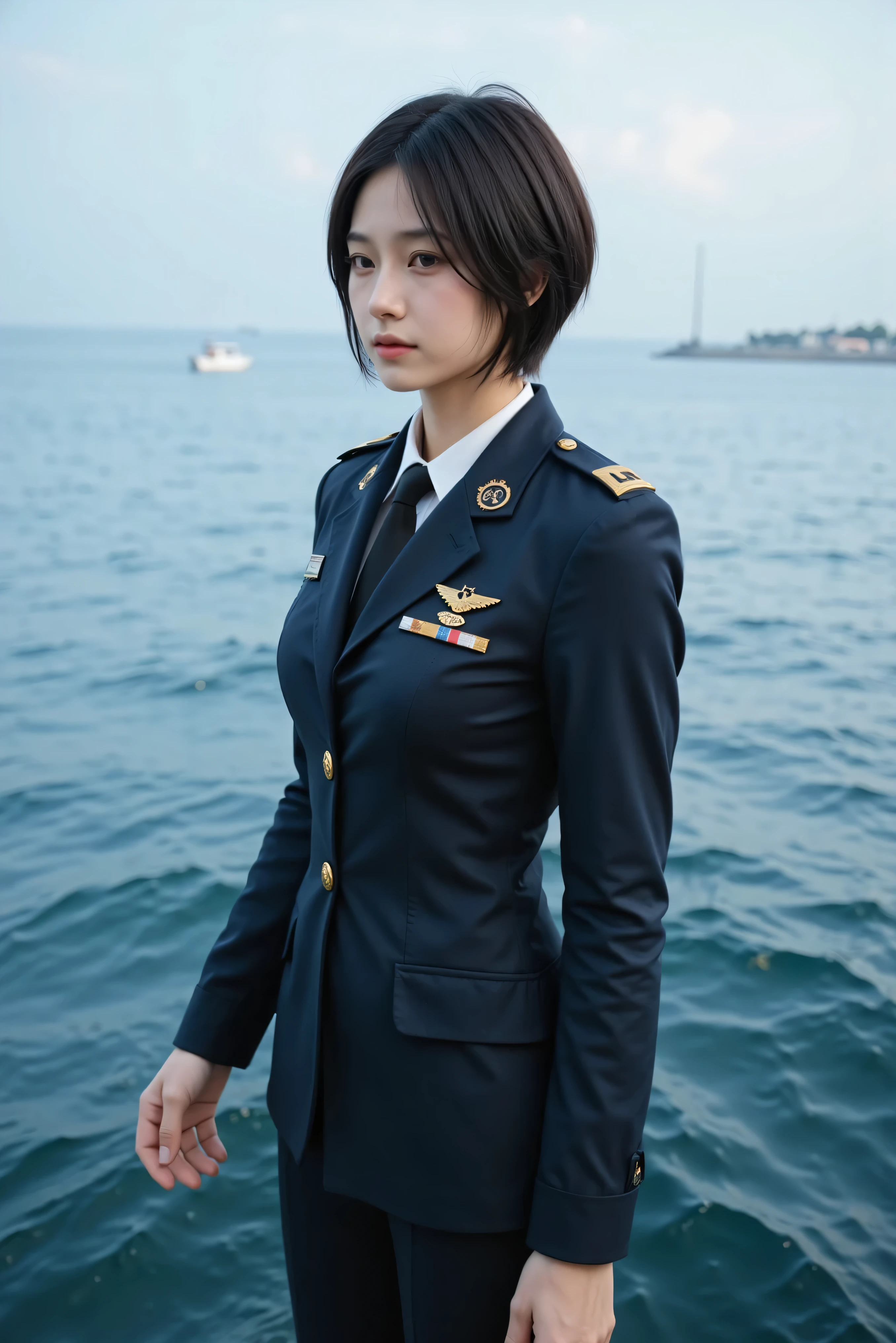 Mai Xiaowen in Delta Force Games, Chinese, Beautiful Girl, alone, straight, dark, and short beautiful hair ( Beautiful slim body) sexy military suit. in the middle of an ocean. ( movie film . high resolution, masterpiece, Necessary, Anatomically correct, Award-Winning , best quality, details)