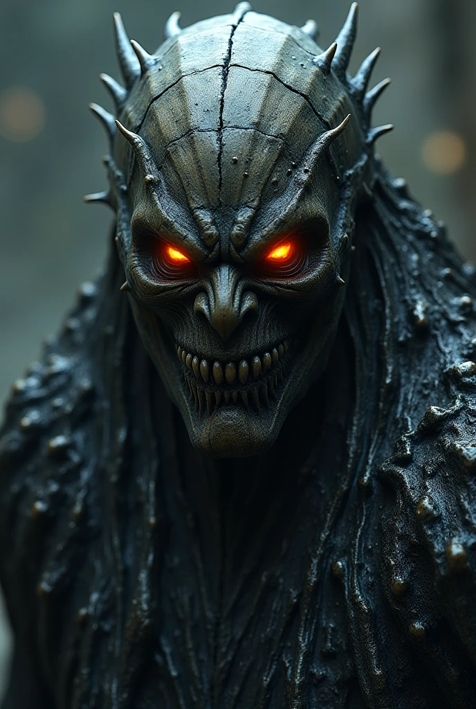 Monster with long arms and legs and a small bust with sharp teeth and large pointed ears, bald with a few strands of hair. Red eyes and deformed face