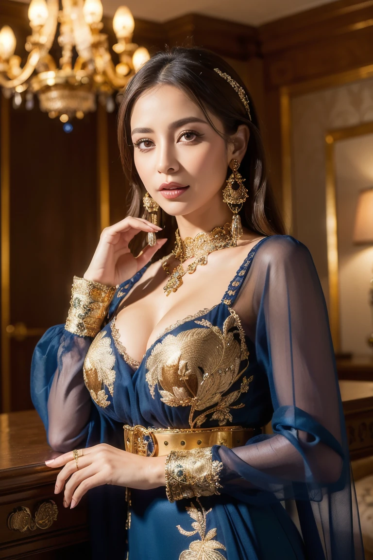 masterpiece, arabian woman ,ultra realistic,32k,intricate details, sharp focus, realistic, closed, seductive pose, black eyes, jewelr, lips, realistic, looking_at_viewer, wet skin, shiny skin, SHORT SLEVES, indonesian clothes, bali, balinese, cityscape, transparent dynamic pose,((blue kebaya)),full body,busty body,curvy body,long hair,beauty face,cowboy shot,