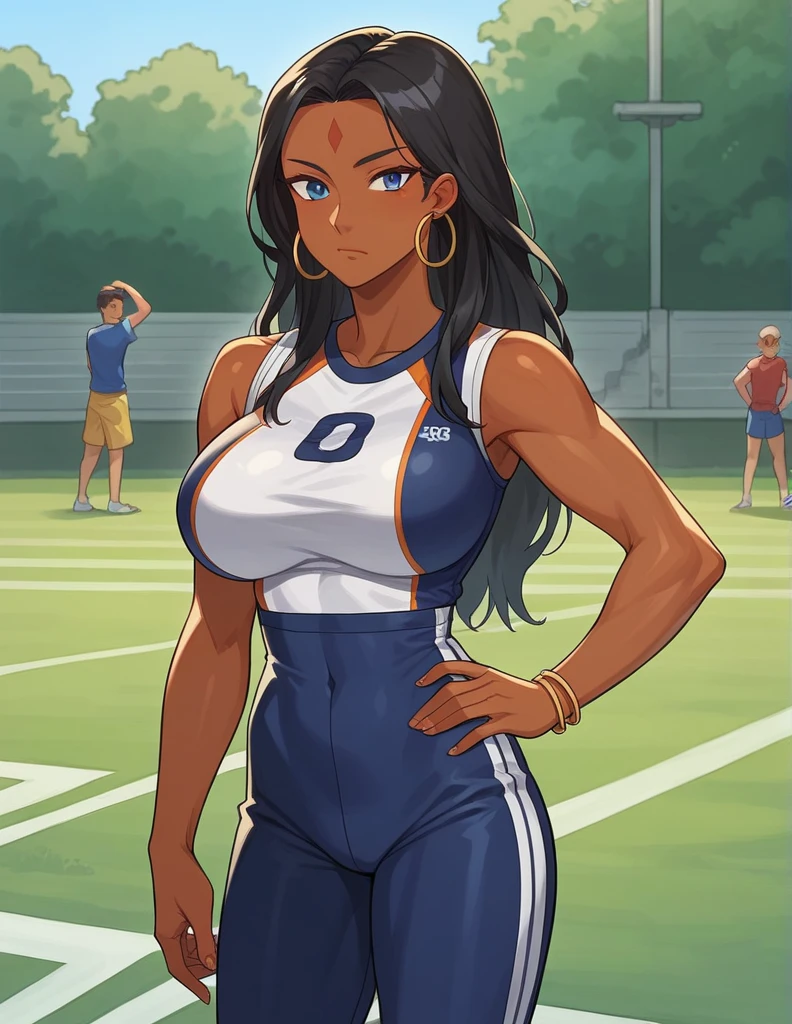 beautiful 23-year-old Indian girl, track outfit, in blue sports bra and blue sports bottoms, smiling, teeth, shes very confident, outside on track field, ((slim, athletic)), the background is an athletics track, masterpiece, high contrast, photorealistic digital art trending on Artstation 8k HD high definition