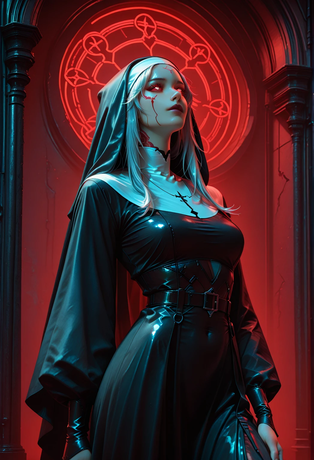 woman dj nun crying blood, dark, horror, red tones, gothic church in the background where we have a rave, ultra realistic, horror movie lighting, scary, chaos, neon lights in the background, realistic, dark, huge breast, Fujifilm Fujichrome Provia 100F movie, flashlight, ultra realistic, 8K UHD. --auto --s2