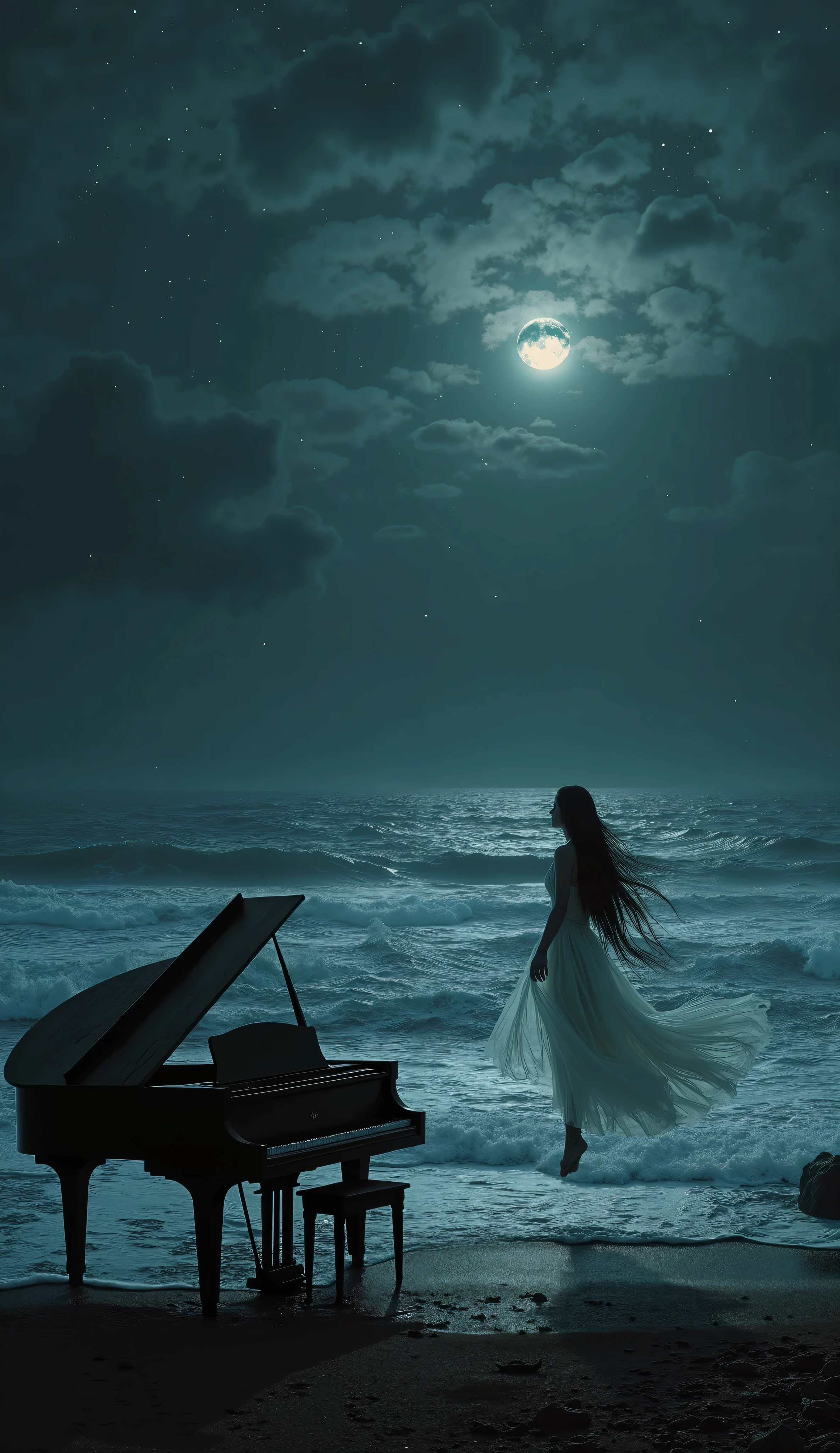 A dark fantasy night scene viewed from the shoreline, depicting a vast, stormy sea with rolling waves under a deep, infinite sky. The darkness is profound, but faint silver stars pierce through the shadows, scattered in different intensities—some barely visible, others forming a subtle constellation. Wisps of clouds drift across the sky, uneven and layered, their edges tinged with the cold glow of the moon, which remains partially hidden behind them. A spectral haze lingers near the horizon, giving a sense of distance and scale.

In the foreground, a weathered grand piano stands alone on the rocky shore, its wood aged and cracked, as if abandoned for centuries. The lid is partially open, revealing dust-covered strings that seem to resonate with an unheard melody. Out in the open sea, suspended above the turbulent waters, a ghostly woman with long, flowing black hair performs slow, hypnotic pirouettes in midair. Her ethereal, semi-transparent white gown moves with an unnatural fluidity, as if caught in an unseen current, trailing luminescent particles that dissolve as they descend.

The scene is rich in chiaroscuro contrasts, evoking the depth and drama of Caravaggio and Rembrandt, with cinematic lighting inspired by Greg Rutkowski. Ultra-detailed, the composition balances the immensity of the sky with the delicate presence of the ghostly dancer, creating a haunting yet mesmerizing vision of sorrow and mystery.*