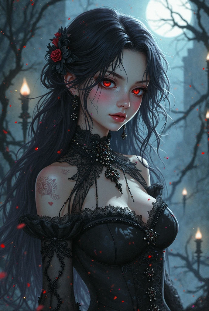female body vampire, red eyes, gothic, black lips, human face, pale skin, red roses, black long hair, --auto --s2