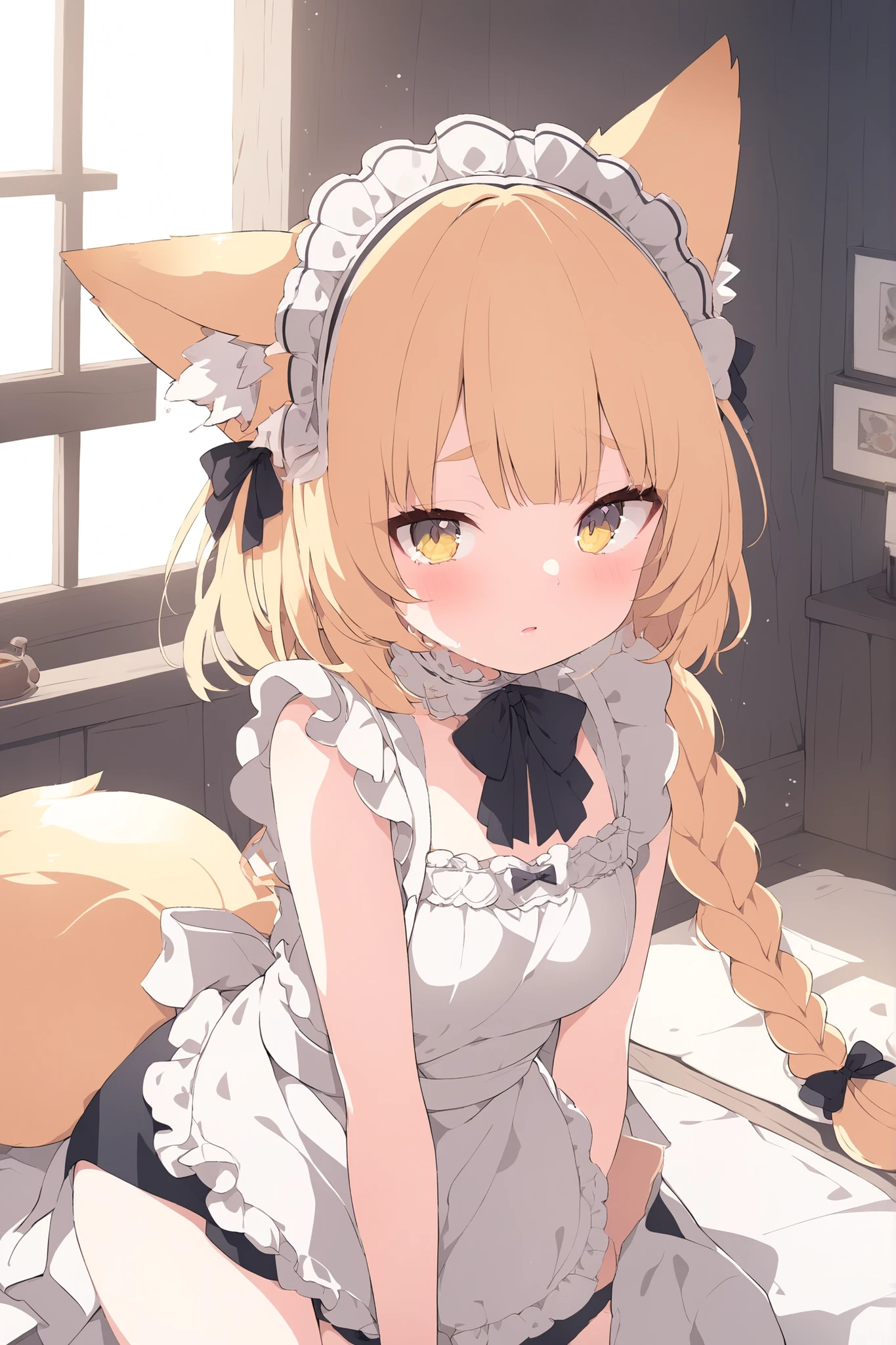 Highest quality, masterpiece,1 Girl,alone,Yellow round eyebrows,Blonde Hair, Big fox ears,((Fox&#39;s Tail)), ((Very long green eyes)),((Green maid apron)),((White ruffle skirt)),Small breasts,Coffee shop,have_Silver round tray,Green round dish on a tray,10 years old,White pantyhose,Green boa boots,((Chibi)),smile,Close your mouth,