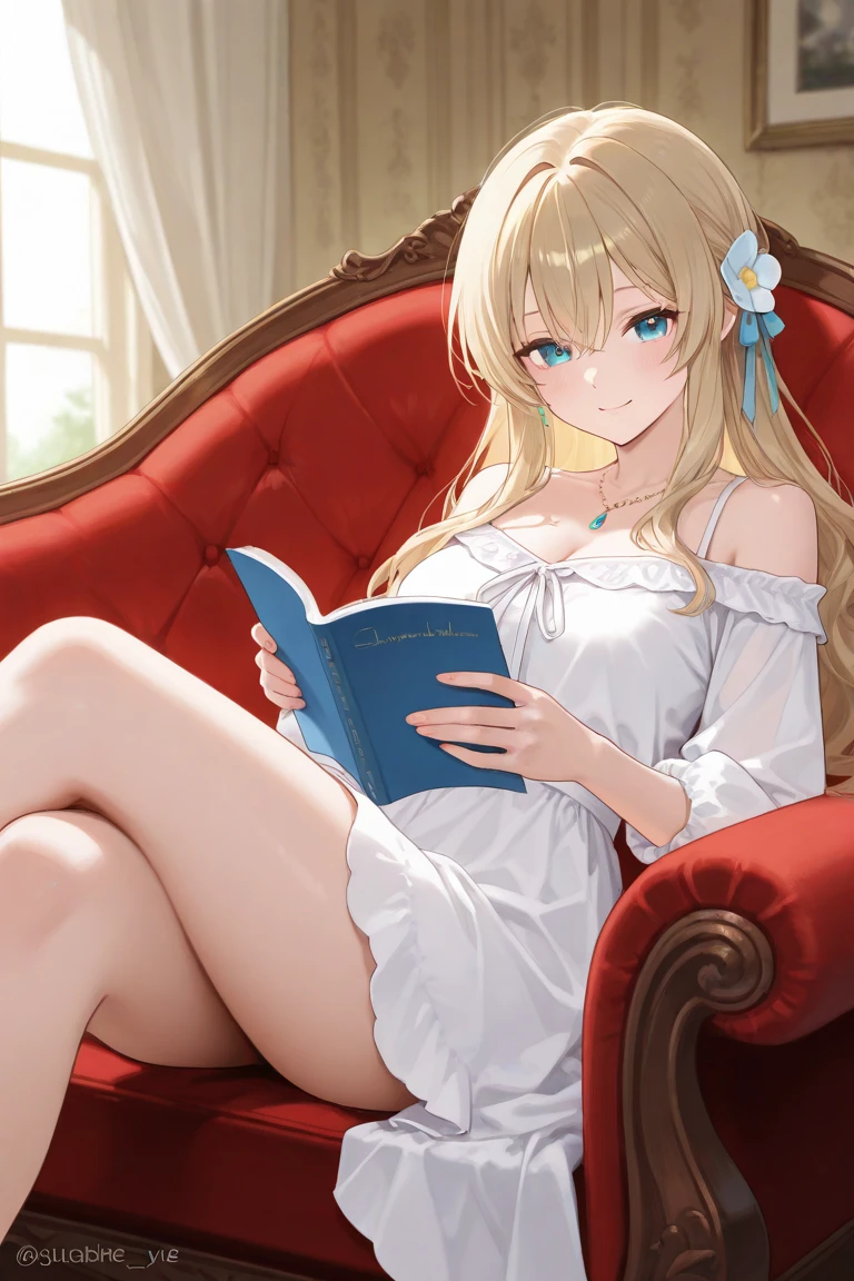 Tabletop, highest quality,figure, wallpaper, Super detailed, Absurd beauty、((1 beautiful girl、16 years old))、(Blonde、Long Hair、Braided hair、Wavy Hair、profile、sitting in a chair reading a book、Ample breasts、Showing cleavage)、My Room、Casual attire、Summer clothes、Loungewear、evening、Backlight