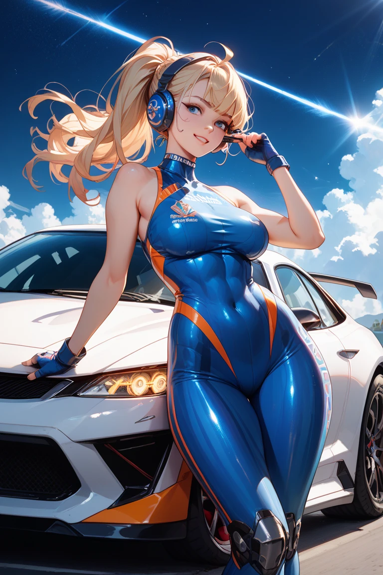 Super detailed、highest quality、Best image quality、masterpiece、8K、Anime Face、A kind smile、Open Mouth、Sparkling Blue Eyes、(Long blonde wavy hair:1.5)、Heavy bangs、Wearing a maid headband、(SFW huge body)、(((Rear view)))、Cowboy Shot、(Wearing a white thong:1.3)、Muscles of the whole body、(Place your hands on your hips:1.2)、(Leaning on a sports car:1.5)、Knee-high socks