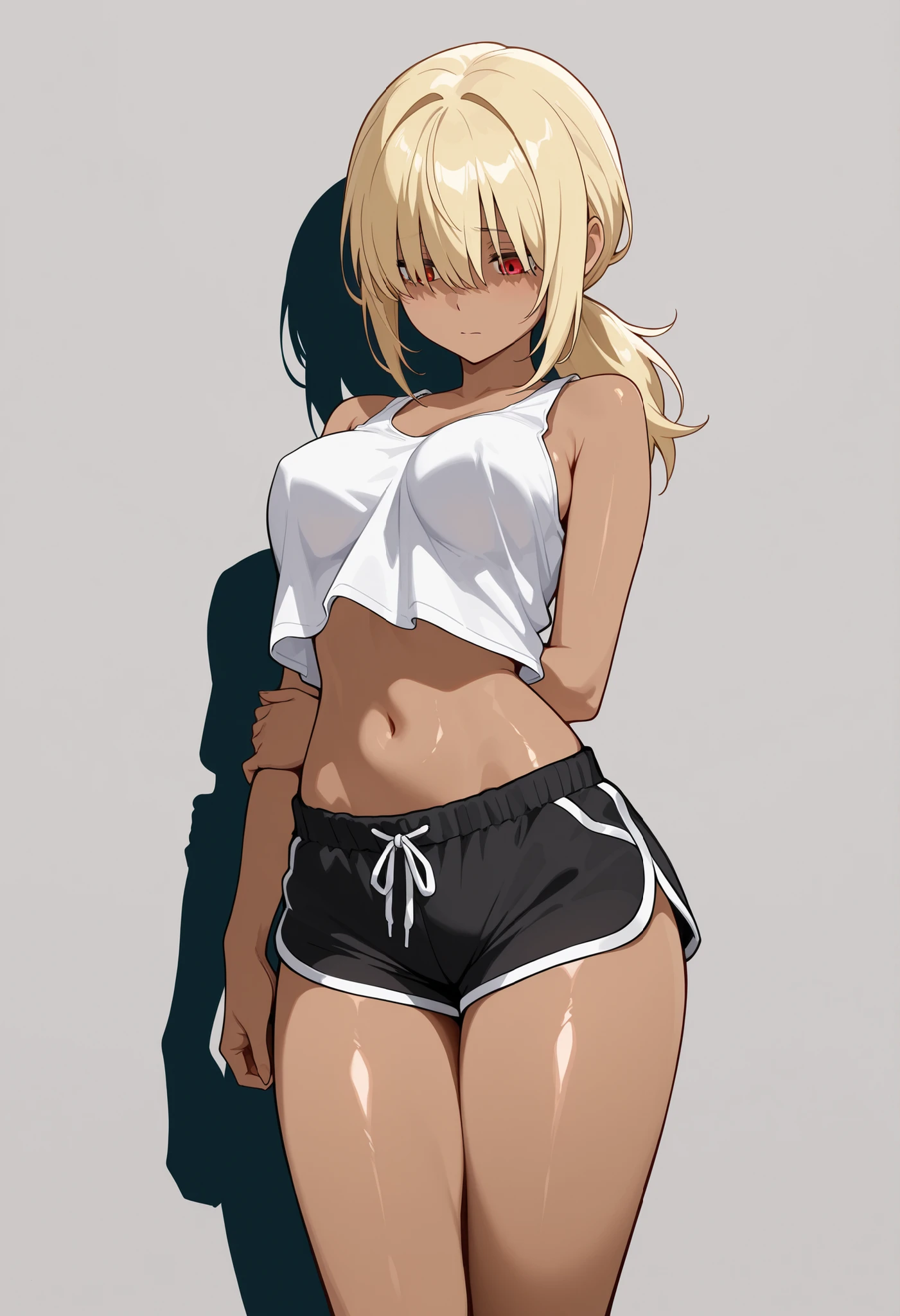k4tbng, NSFW, Masterpiece, score_9, score_8_up, score_7_up, anime style, ((medium lines:1.1)), best quality, lively, are so aesthetic, high contrast, up to date, best quality, cowboy shot, dynamic, (negative_space:1.1), 1girl, solo focus, solid grey background, no background, BREAK, kat, dark skin, slender body, (petite body:1.1), shiny skin, medium breasts, round breasts, breast sag, BREAK, low ponytail, blonde, red eye, BREAK, white tank top, covered hard nipple, bare shoulders, midriff, BREAK, dolphin_shorts, loose shorts, black shorts, thighs, BREAK, looking down, sad, depressed, ((girl holding own arm:1.1)), arm over shirt, (weightless body:1.4), floating shirt, sexy body, top overhang, slouched posture, loose shirt, over shirt, (shadow over eyes:1.1), in frame