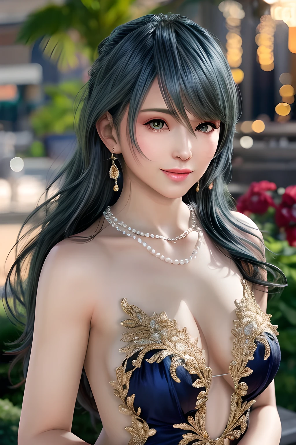 1 girl,lean over WINK,((Wearing Ice-crystal embellished dress:1.5),(Wearing Jewel:1.2) ,( lace_cloak:1.3),(Fluffs :1.4),(pearl bodychain:1.3),garden,nighttime,moon,( huge breasts ),cleavage,shiny skin,lip gloss,tattoos, masterpiece, best quality, realistic ,Surrealism,Rich artistic colors,natural colors art in 8k,3D,Portrait art,solo, tamaki