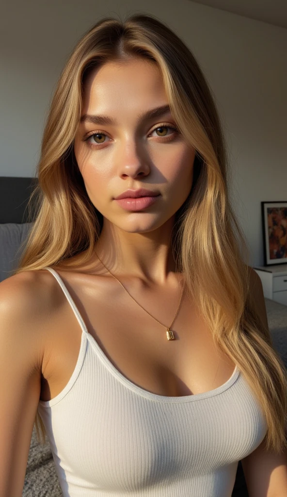 ((Best Quality)), ((Masterpiece)), (detailed), Perfect face, Blonde, long hair and slim with a sexy white dress outside, in new york looking over your shoulder