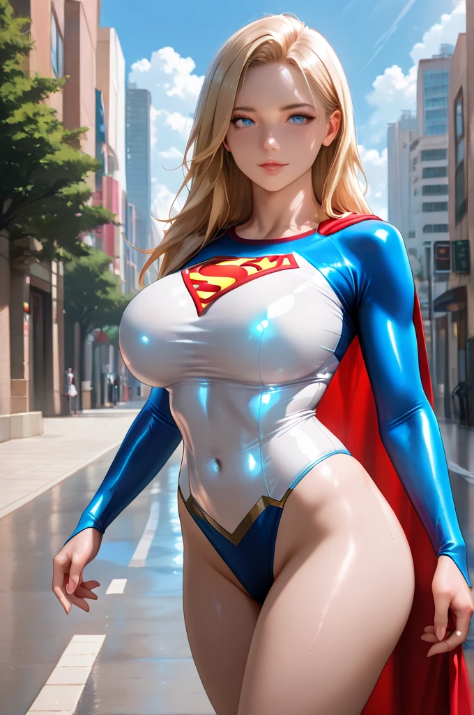 Supergirl, extremely beautiful blue eyes, perfect blond hair, perfect armor suit, planet's in the background, rec cape, seductive smile 

