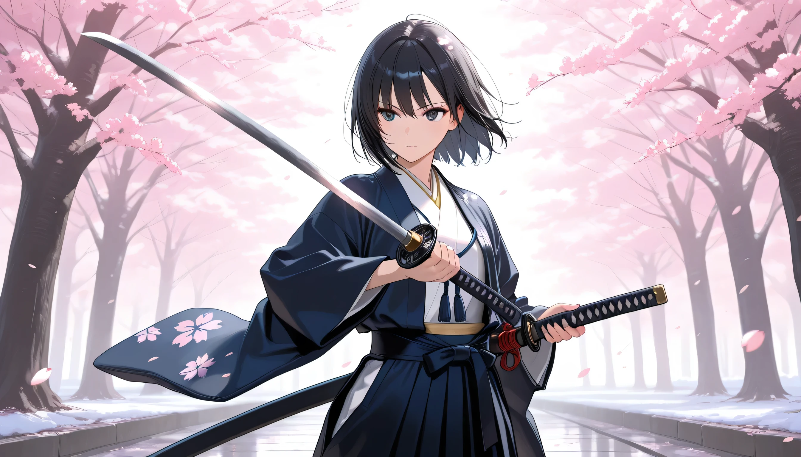 masterpiece,best quality,Very accurate,woman,Japanese clothing white,swordsman,katana,black hair,sakura,dynamic,