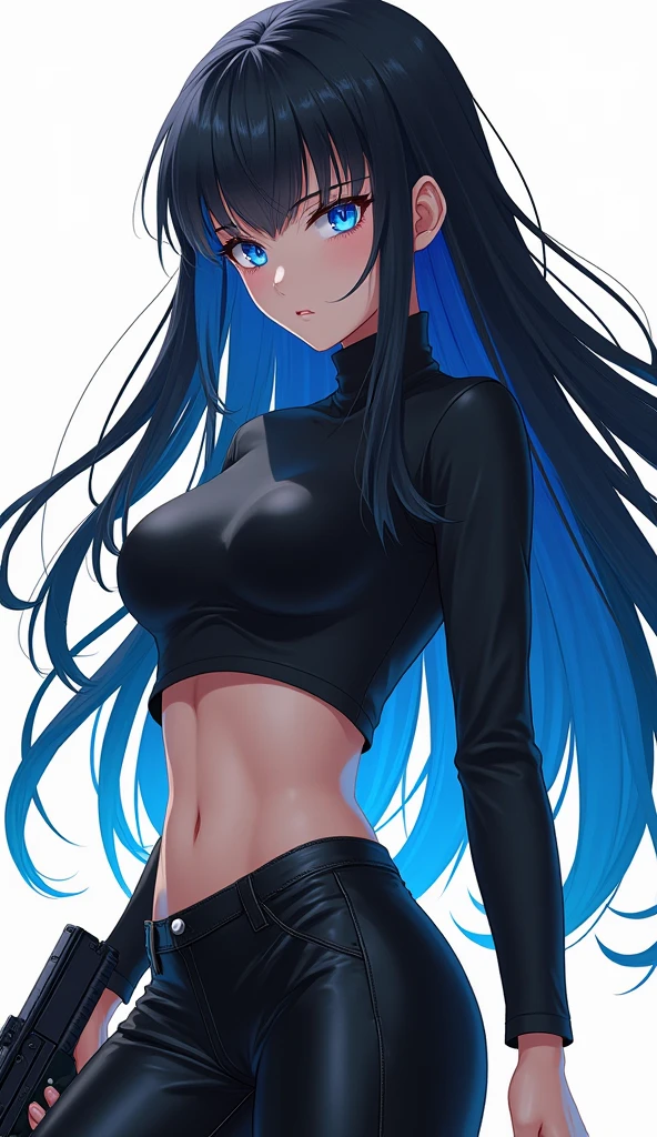 Black cap and blue lining、black tank top、It's a bellybutton、Glossy leather pants、tight clothes、long black hair、Blue mesh and inner color hair、cool beauty、sharp eyes、beautiful double eyelids