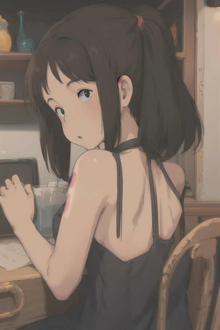 1 chica ,long hair slightly wavy slightly past the shoulders, black bangs, small black pigtails on the sides, cute cat ears, beautiful thin red eyes, caminando bajo un puente en un campo de hierba y tierra, Seis, yellow Lluviacoat, descalzo, cara cubierta por gorra, con techo verde, Aya Goda, corona de cushart, una pintura, Pintada, Lluvia,   