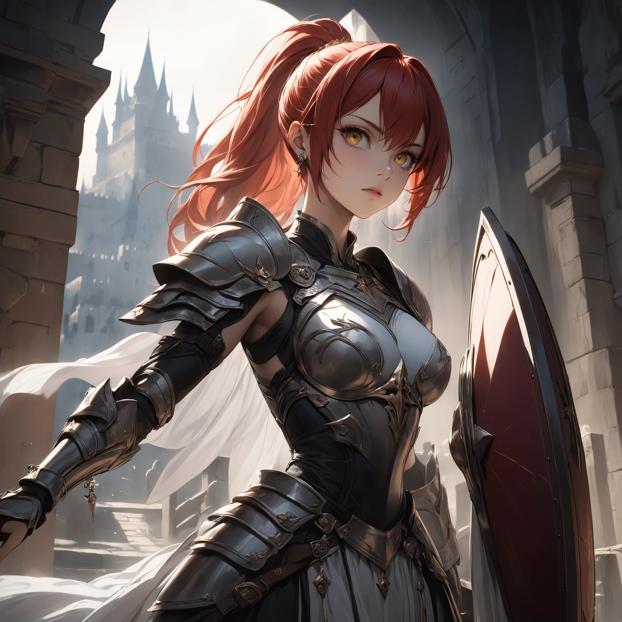 (masterpiece, best_quality, ultra-detailed, immaculate:1.3), epic, illustration, warrior lord , (armor:1.3), ginger hair, Side Swept Dutch Braid, arm up, simple background,