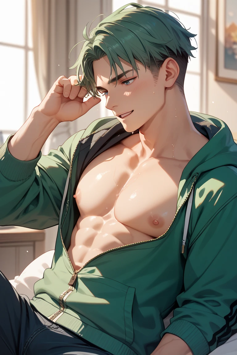 male stroke back expression tearful disdain evil bar boy green pupils shirt abs 8k best quality masterpiece very detailed wallpaper leg length mouth with ball plug teasing hips white skin