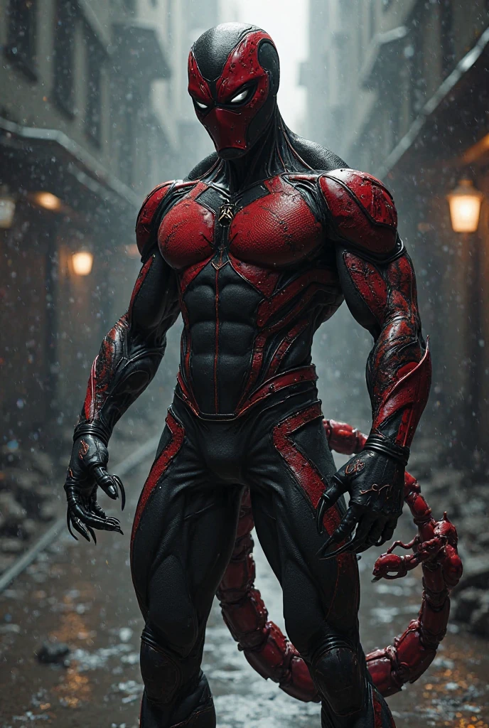 Superhero, hero, strong and robust male, Armor, Tentacle entanglement, uniform, Binding hands togethe, Foreign object invasion, monster breeding, wet, slime, tentacles, slimy tentacles(extremely detailed 8k wallpaper), Close-up (futuristic Spiderman From Marvel 1.3) emerging from the the futuristic world, extremely detailed, volumetric lighting Dark_Fantasy,Cyberpunk,(saw, Red:1.1),1man,Mechanical marvel,Robotic presence,Cybernetic guardian, dark colours.