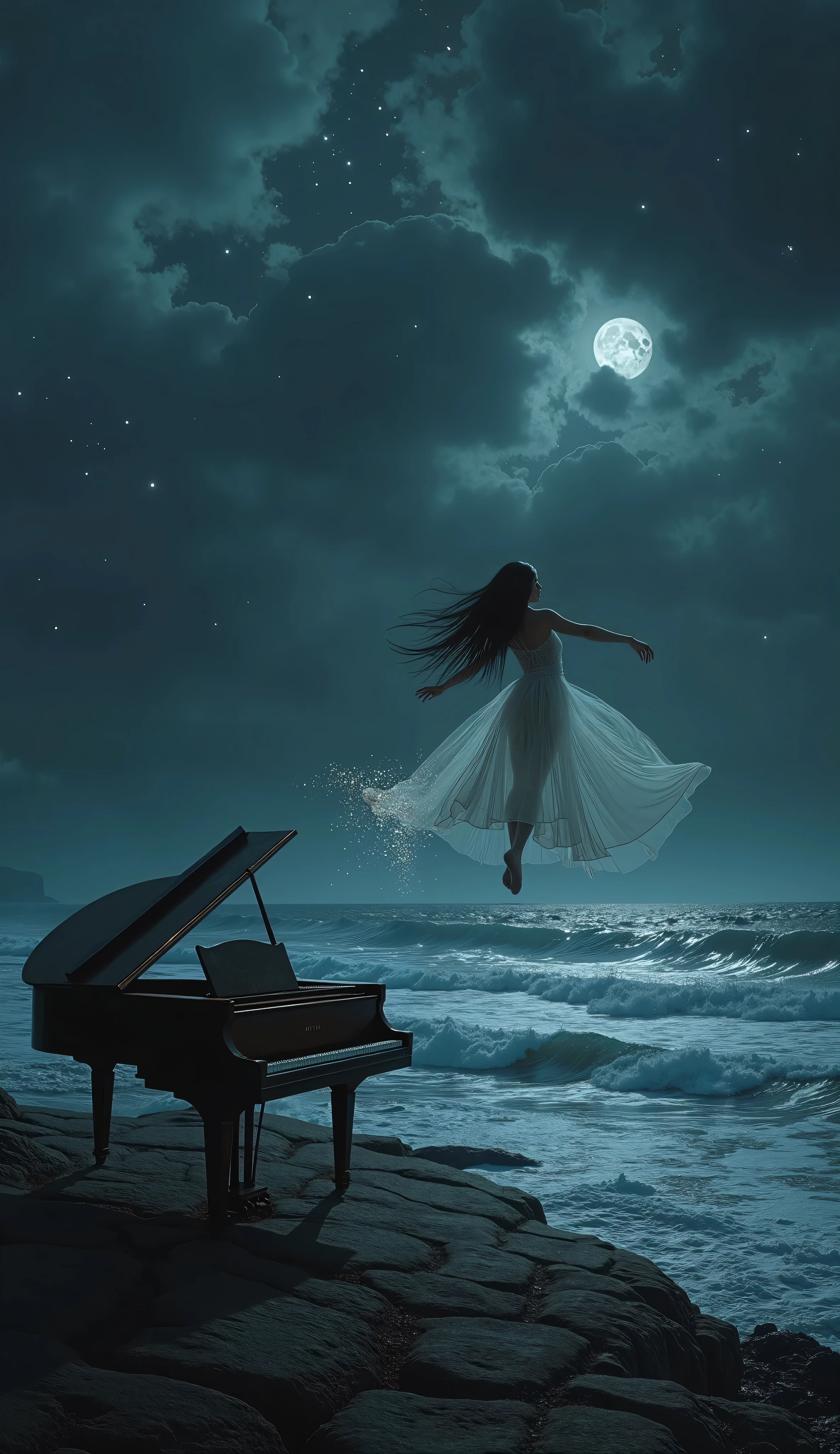 An hyper-realistic dark fantasy night scene viewed from the shoreline, depicting a vast, stormy sea with rolling waves under a deep, infinite sky. The darkness is profound, but faint silver stars pierce through the shadows, scattered in different intensities—some barely visible, others forming a subtle constellation. Wisps of clouds drift across the sky, uneven and layered, their edges tinged with the cold glow of the moon, which remains partially hidden behind them. A spectral haze lingers near the horizon, giving a sense of distance and scale.
In the foreground, a weathered grand piano stands alone on the rocky shore, its wood aged and cracked, as if abandoned for centuries. The lid is partially open, revealing dust-covered strings that seem to resonate with an unheard melody. Out in the open sea, suspended above the turbulent waters, a ghostly woman with long, flowing black hair performs slow, hypnotic pirouettes in midair. Her ethereal, semi-transparent white gown moves with an unnatural fluidity, as if caught in an unseen current, trailing luminescent particles that dissolve as they descend.
The scene is rich in chiaroscuro contrasts, with cinematic lighting. Ultra-detailed, the composition balances the immensity of the sky with the delicate presence of the ghostly dancer, creating a haunting yet mesmerizing vision of sorrow and mystery.*