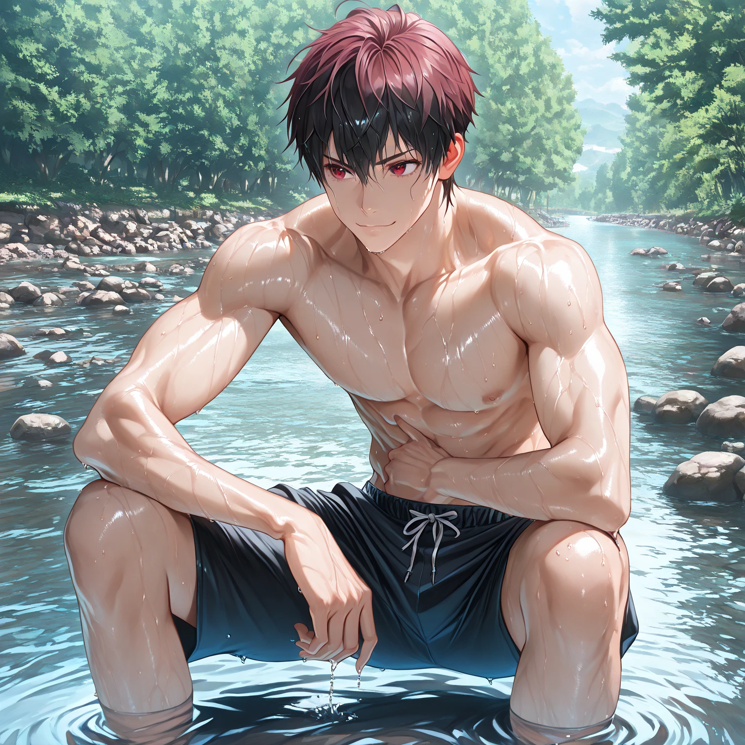 A boy with dark and tanned skin(dark) reddish eyes reddish hair with muscular cute face round face shape with reddish hair 