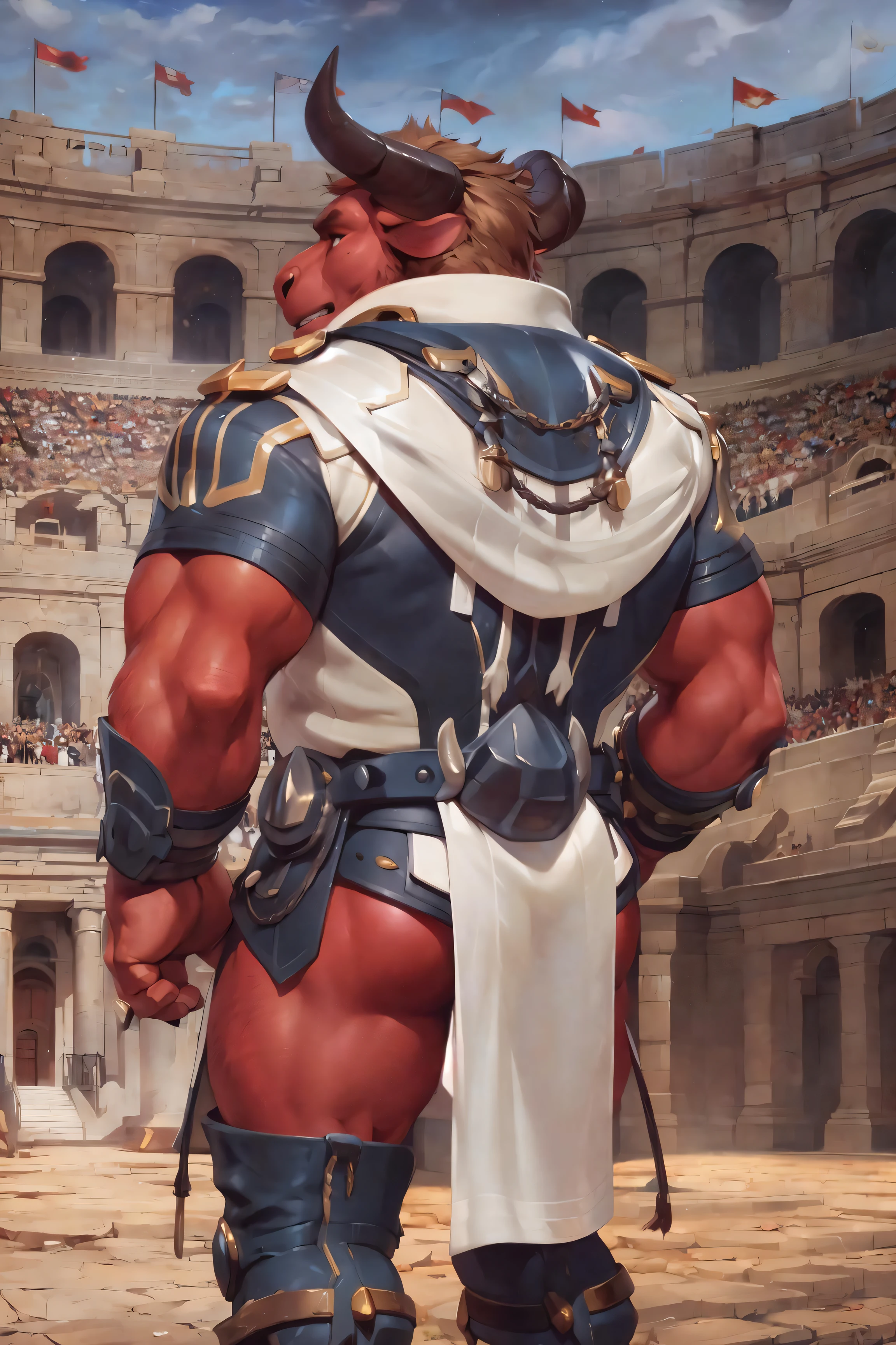 (by darkgem, by null-ghost, by personalami, by honovy), male, bovid, bull, red fur, horn, darius (kemo coliseum), brown hair, clothed, clothing, priest outfit, coliseum, rear view