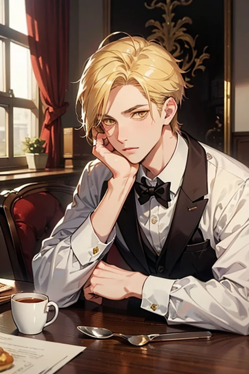 A handsome young man in a yellow suit on the side,sitting at the dining table,The look on his face was very unhappy,in the style of the stars art group xing xing, 32K, Best quality, Masterpiece, Super detail, High details