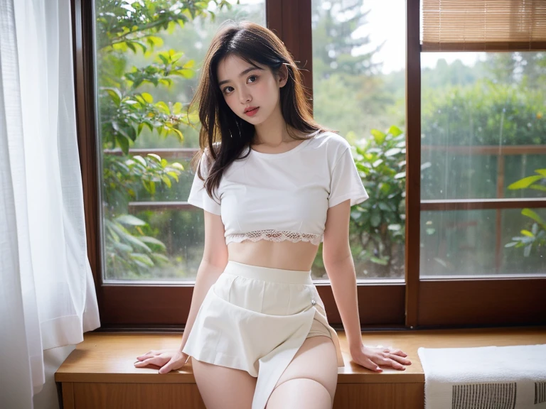 ((Best of the highest quality, 8k, Masterpiece: 1.3, raw photo)), Sharp focus: 1.2, (1 AESPA girl: 1.1), (Solo: 1.18), (realistic, photo-realistic:1.37), face focus, cute face, finely eyes, (Small breasts, flat chest, Thigh: 1.3), (Off-the-shoulder chiffon dress skirt: 1.4), short messy hair, (Roll up the skirt: 1.2), (Lift skirt hem), (Lifting skirt while standing to show off panties to us: 1.4), (from Behind: 1.2), garden, flower,