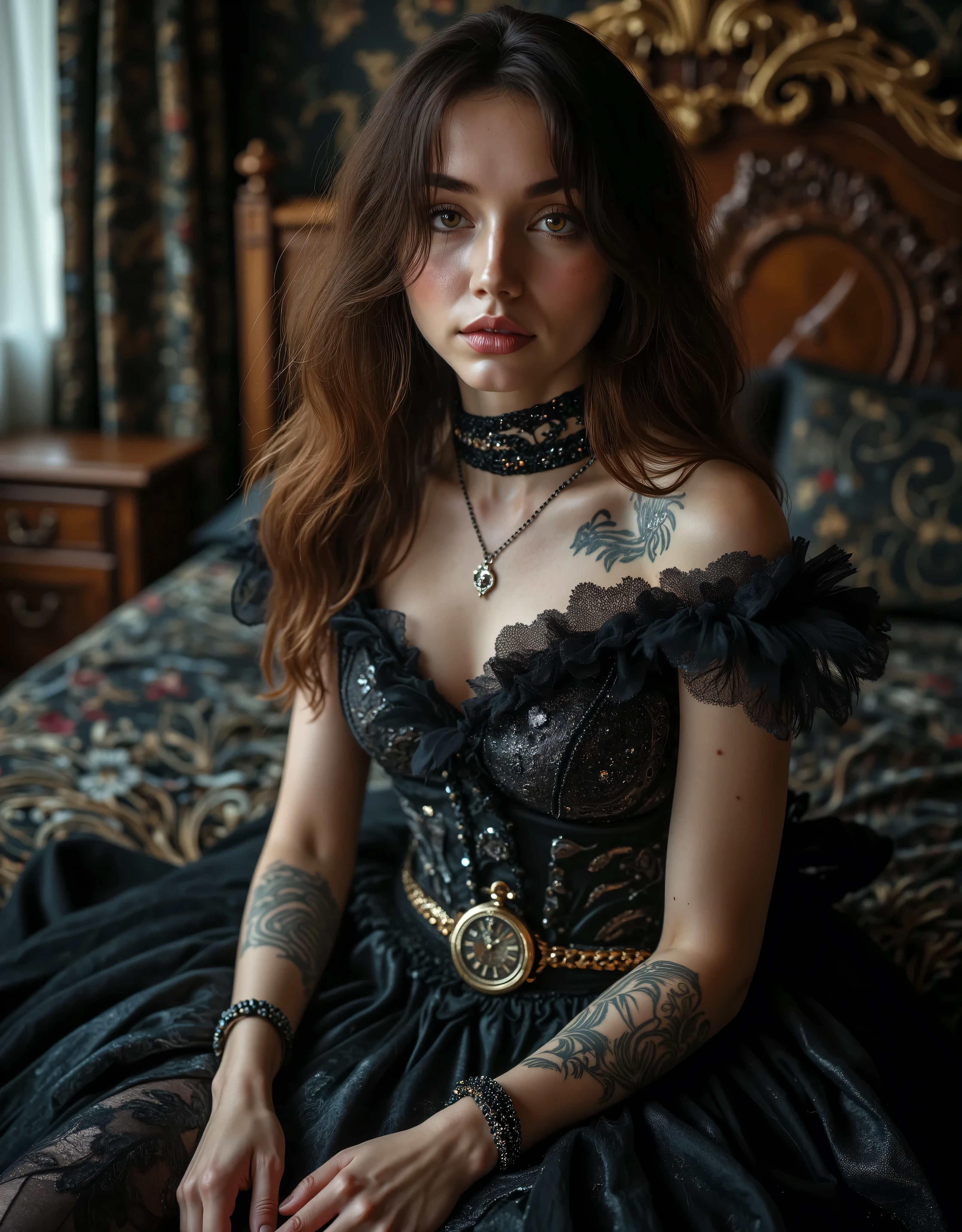(Canon), (EOS R5), (85mm), ( No Lens Flare :1.5), (超high resolution), (masterpiece), (Anatomically accurate human structure), (realisticな質感の肌), Super Detail, High detail, winning work, Best Quality, 32K, depth of field, digital camera, professional writing in a crowded sideways cafe, ((Best Quality:1.5)), ((masterpiece:1.5)), ((realistic)), high resolution, (Deep cinematic depiction), ((dark fantasy atmosphere)), (Dark depiction ), (Has a gorgeous, long antique magic wand), ((full body shot with mahiru :1.5)), ((Upper body shot:1.2)), ((Semi-nude)), ((36-year-old Beautiful and Cute Cuban Actress with Top )), ((Ana de Armas)), brown black hair with waves , very sexy, Attractive, and seductive pose , Height: 168cm, Weight: 55kg, Muscular Slender Body, smaller bust, C cup, ((long hair with fluffy waves of chestnut hair:1.5)), (( beautiful castano-colored hair )), ((とてもほほ笑ましくAttractive笑顔で少し歯が見える :1.5)), ( well-shaped round butt ), (Pretty and Beautiful Magician)), ((The most beautiful and captivating female magician in the world)), (Slender slim style), ((Seats on a Luxurious, Antique Bed)), (standing beside the bed), smooth, (Straight castano-colored hair), (long, castano-colored hair), long bangs, (small, beautifully shaped bust), (C cup), (Tight, slender waist), (Extremely detailed and realistic skin :1.5), ((Extremely Detailed Realistic Hazel Eyes:1.5)), (Hazel Eyes), ((Extremely Sexy Beautiful Hazel Eyes :1.5)), (( catchlight in the eyes )), (( extremely detailed attractive and moisturized lips :1.5)), (( beautifully shaped big bust :1.5)), ((extremely detailed, attractive, and moisturized lips:1.5)), (( white teeth beautifully arranged )), ((antique and luxurious long coat style witch costume with elaborate silver patterns on black fabric:1.8)), (the front of the witch costume is open so you can see cleavage), (Off-the-shoulder showing shoulders), ((that can be removed and almost completely naked)), (gorgeous thick May wear red lace bras and panties), ((lots of antique magical necklaces:1.8)), ((lots of antique bracelets:1.5)), (large, antique earrings), ((antique pocket watch:1.8)), ((Sitting on a luxurious, antique bed:1.5)), Luxurious Black Stockings with Intricate Patterns, ((Magical Tattoos Cover Your Body:1.5)), (Sexiest Angle ), (Large bedroom in an old luxury hotel), (Very antique bed and chair and furniture), Very Seductive and Sexy Expression, Very Seductive and Sexy Poses, (may show a beautiful and realistic bust), (beautiful nipples and large areolas can be seen), (Can See Realistic Female Genitals), (Large castano-colored pubic hair may be visible), (( show your hands as little as possible )), accurate hand shape,Accurate hand finger shape ,Accurate finger count,5 fingers on one hand , Accurate leg shape,Accurate toe shape, accurate toe count, Five fingers on one foot, ( color temperature 5500K ),