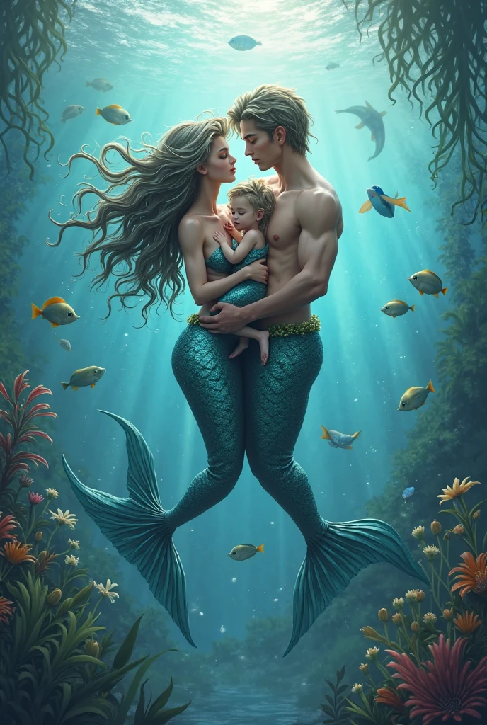 Black mermaid baby with her Asian mother in the mermaid kingdom