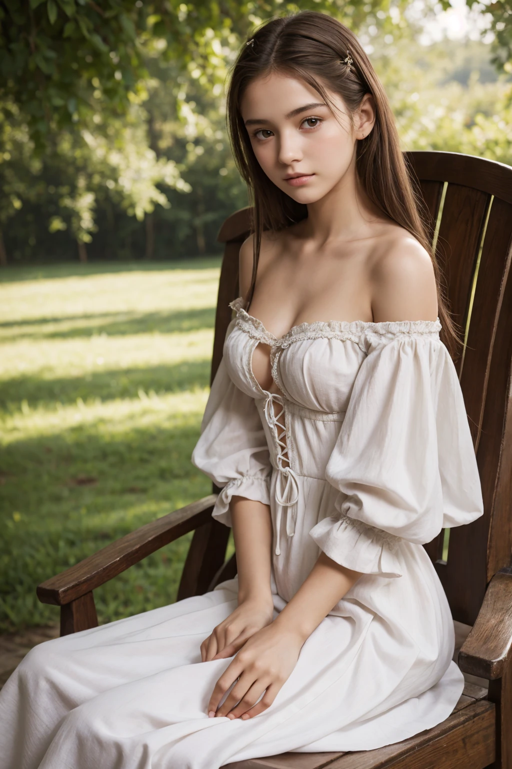 European girl with brown hair, blue eyes, long hair, beautiful face, pale face, beautifully styled hair, thin lips, rosy cheeks, realistic deep neckline, the girl sits modestly in a translucent tight-fitting white dress against the backdrop of the sights of old Europe, stone castle style classicism, a beautiful girl on a bright sunny day, sitting in a tight-fitting dress with straps, a white tight-fitting translucent corset with embroidery, airy light lantern sleeves, beautiful breasts shining through a translucent light dress, sitting full-length, sitting, beautiful long shiny legs? sitting outside, bright afternoon sun