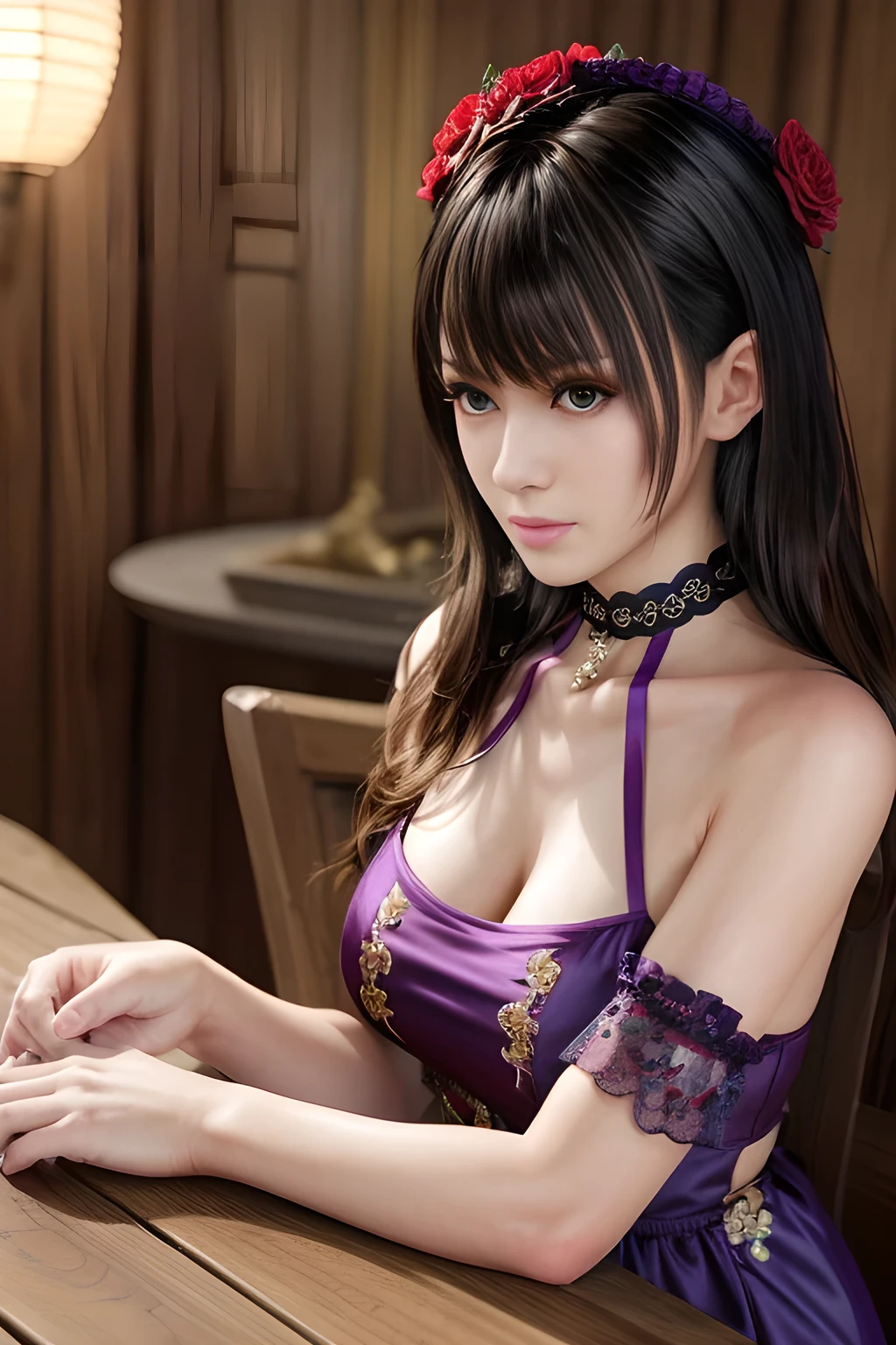 masterpiece, Multiple mature women per photo, Front view, Cute Japanese middle-aged woman, Long Bob Hair, (Light purple Chinese dress), Very cute face, Glossy Lips, Double eyelids on both eyes, Natural Makeup, (Brown Hair , Long Bob Hair), Asymmetrical bangs, High resolution, Attention to detail, Detailed hairstyle, Detailed face, Cinema Lighting, Octane Rendering, Ultra-realistic, Perfect limbs, Perfect Anatomy, Black Choker, Blue Eyes, Big Breasts, ((Slim body:1.5)), Cool Beauty, Slim face, smile, Cleavage, Fantasy World, ((Straight Long Hair)), Mature sex appeal, ((Servants following their master's instructions)),Big breast swelling、translucent