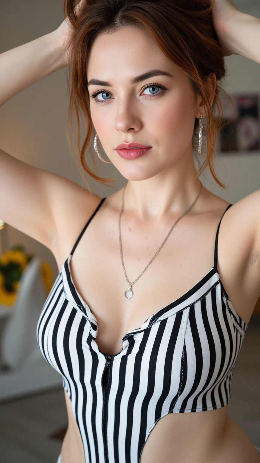 (((Traveler))),ultra realistic 8k cg, picture-perfect face, flawless, clean, masterpiece, professional artwork, famous artwork, perfect face, beautiful face, beautiful eyes, ((perfect female body)), solo ,skirt, blush,seductive expression,extremely detailed_eyes,thick thighs,((ginger hair)), short hair,, beautifully detailed background,depth of field,,bdsm,skindentation,full body, dress, (soft red lipstick), ((fixing her hair)), ((short girl)), ((view from above)), (glossy skin), (earrings, bracelet:1.2), ((big breasts))